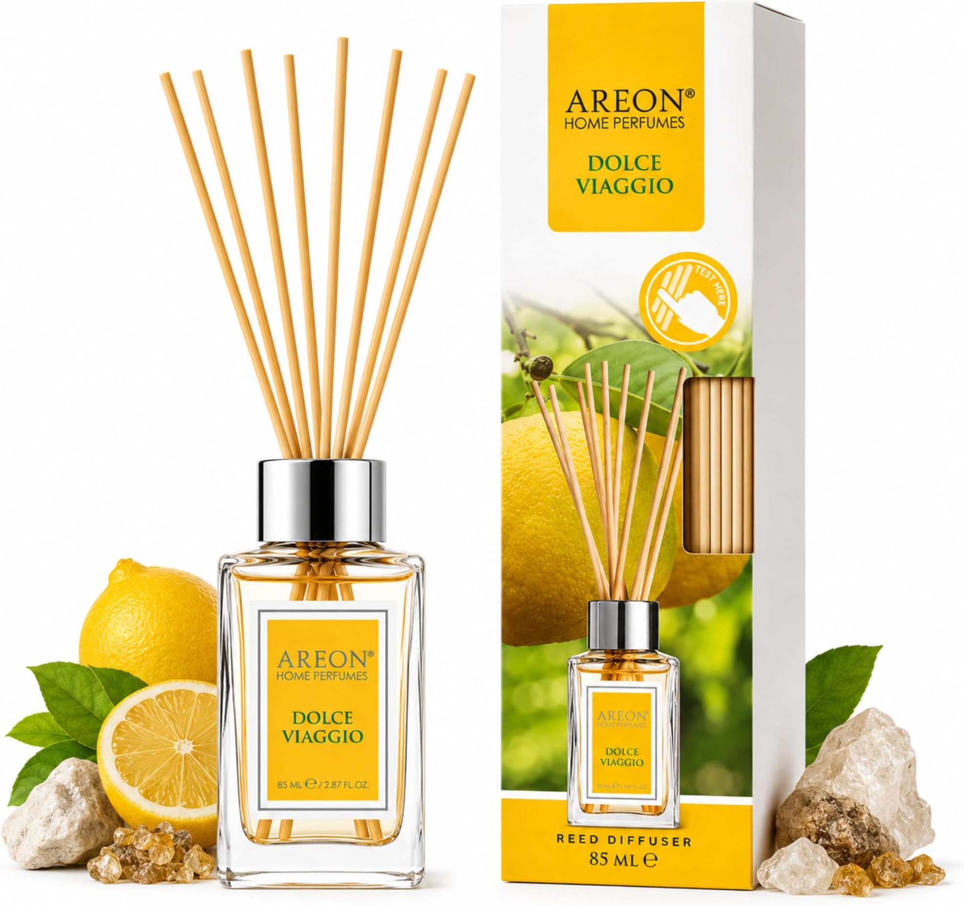 Areon Dolche Viaggio Home Luxury Perfume Reed Diffuser,10 Rattan Reeds,85ml | Luxury Reed Diffuser Suitable for Bedrooms, Living Rooms, Bathrooms, Offices, Entryways, and Other Indoor Spaces.