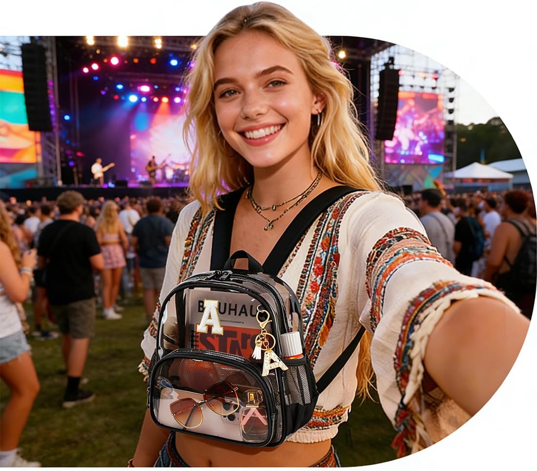 PIG PIG GIRL Clear Backpacks for Stadium Events Approved 12×6×12 Clear Bookbag for Women Mini Transparent Letter Back Pack, Semi-black, Letter-A image 2