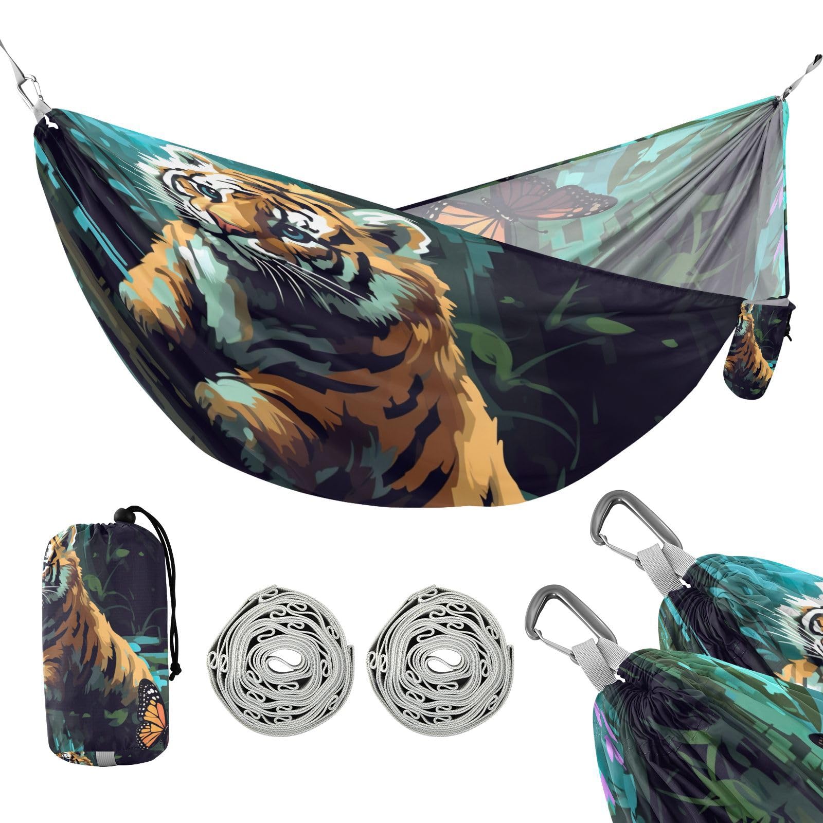 SDMKA Little Tiger Camping Hammock, 330 lbs with 2 Tree Straps, Carry Bag, Single Portable Hammock for Outdoor/Indoor, Hiking, Beach, Backpacking, Travel