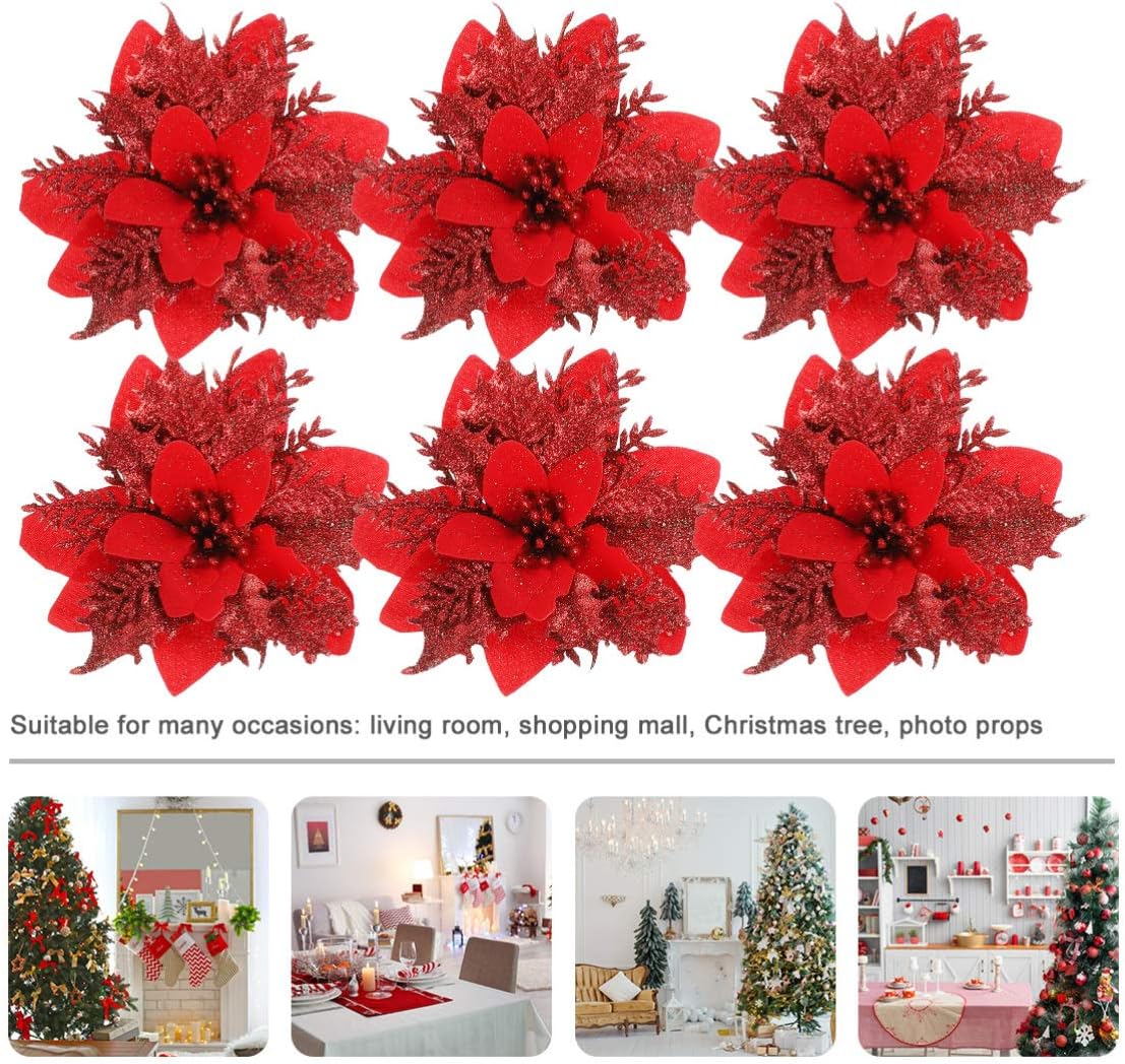 NUOBESTY 24 Pieces Christmas Glitter Poinsettia Flowers Christmas Tree Ornaments Artificial Flowers for Xmas Wreath Decoraiton (Red)