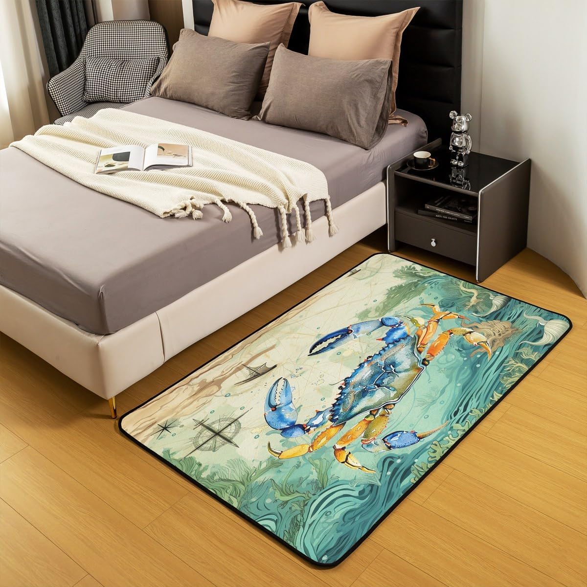Feelyou Crab Print Area Rug 5x7 Kids Sailboat Printed Decorative Rug for Boys Girls Teens Ocean Themed Living Room Rugs Marine Life Sealife Indoor Floor Mat Room Decor