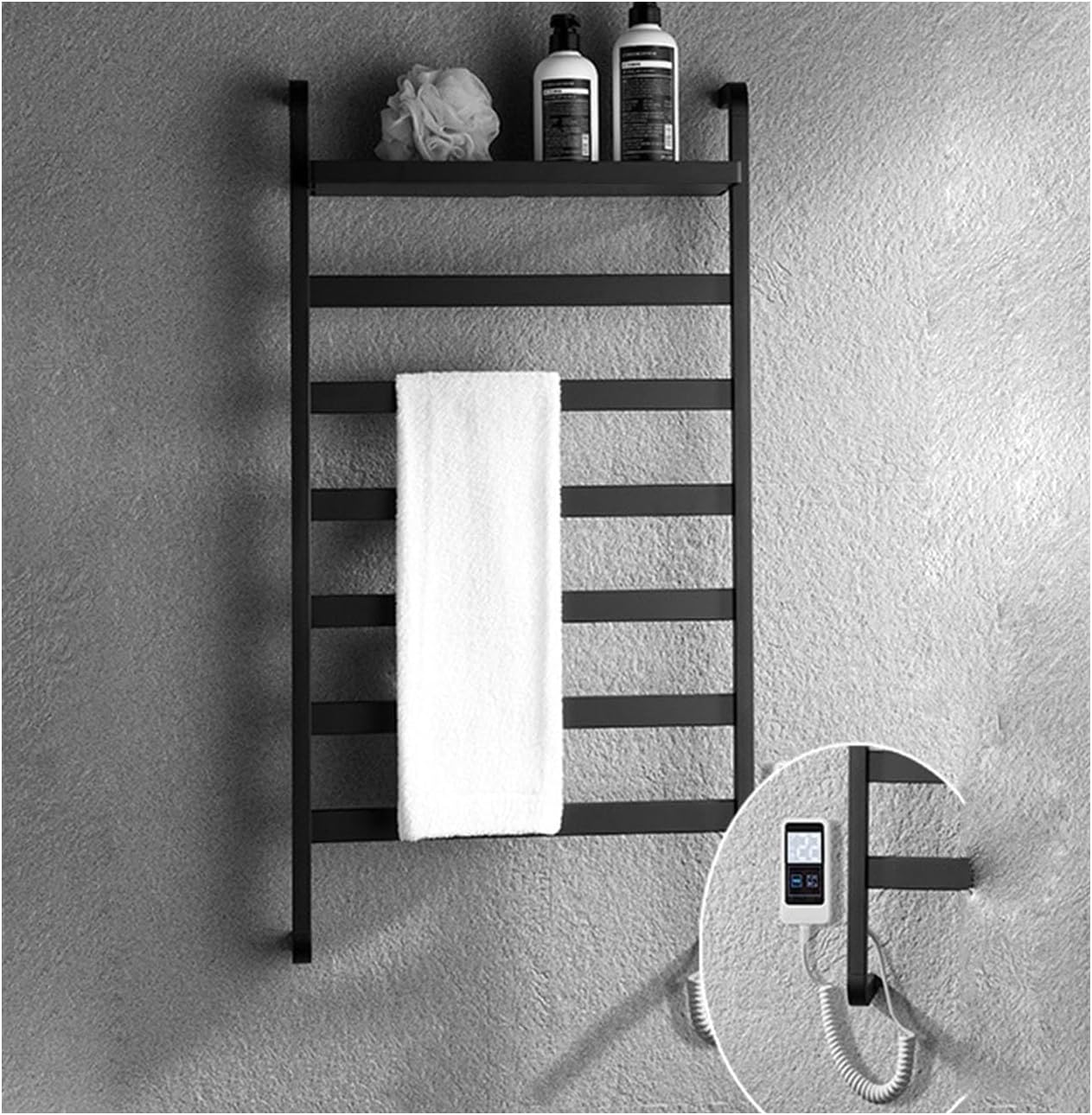 Chrome Wall Mounted Electric Towel Drying Rack Stainless Steel Heated Towel Bar for Bathrobes & Blankets with Top Shelf Space-Saving Bathroom Accessory，Black Left Wire