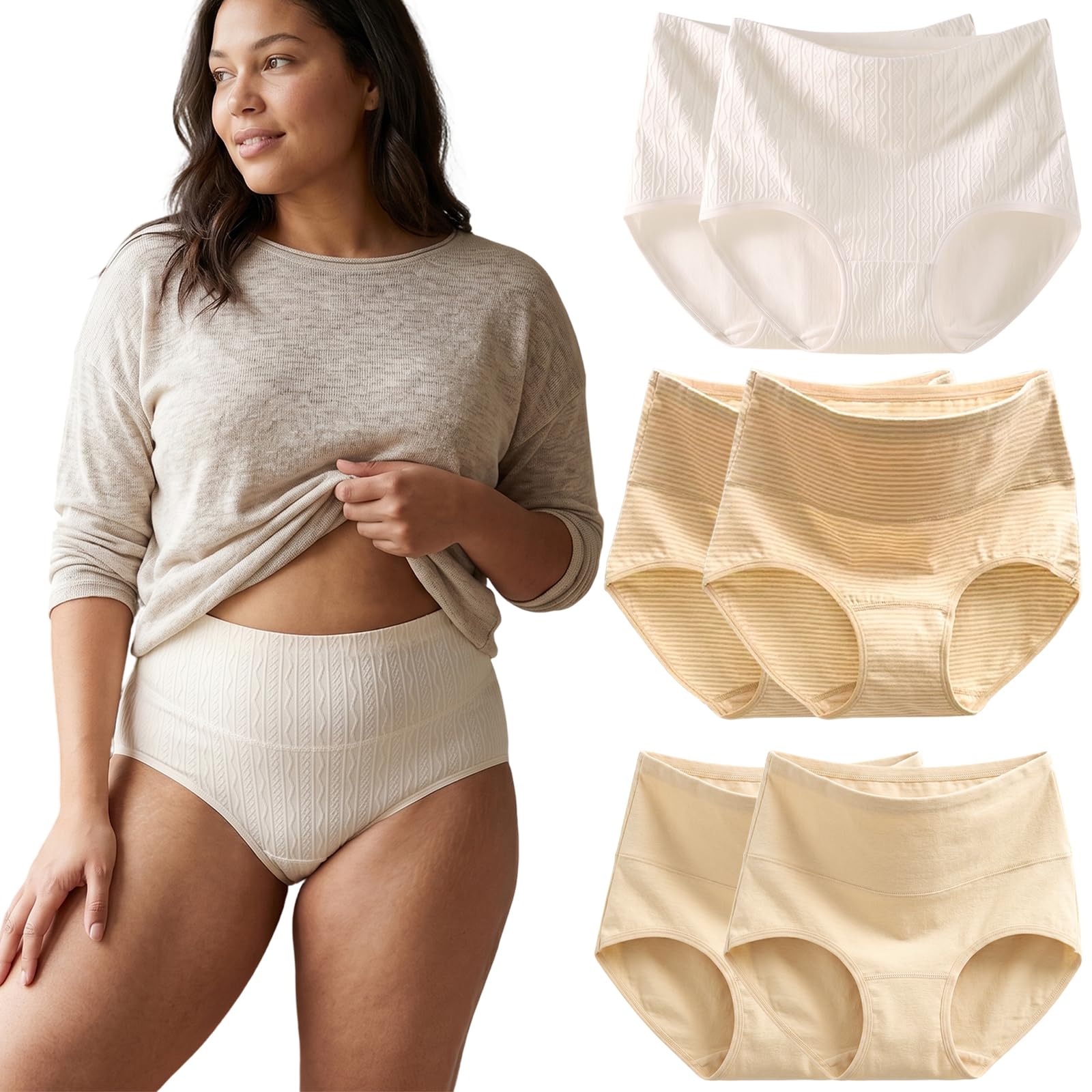 Confezione da 6 slip da donna in cotone a vita alta, colore beige (gherone lungo) e bianco jacquard, 95% cotone elastan