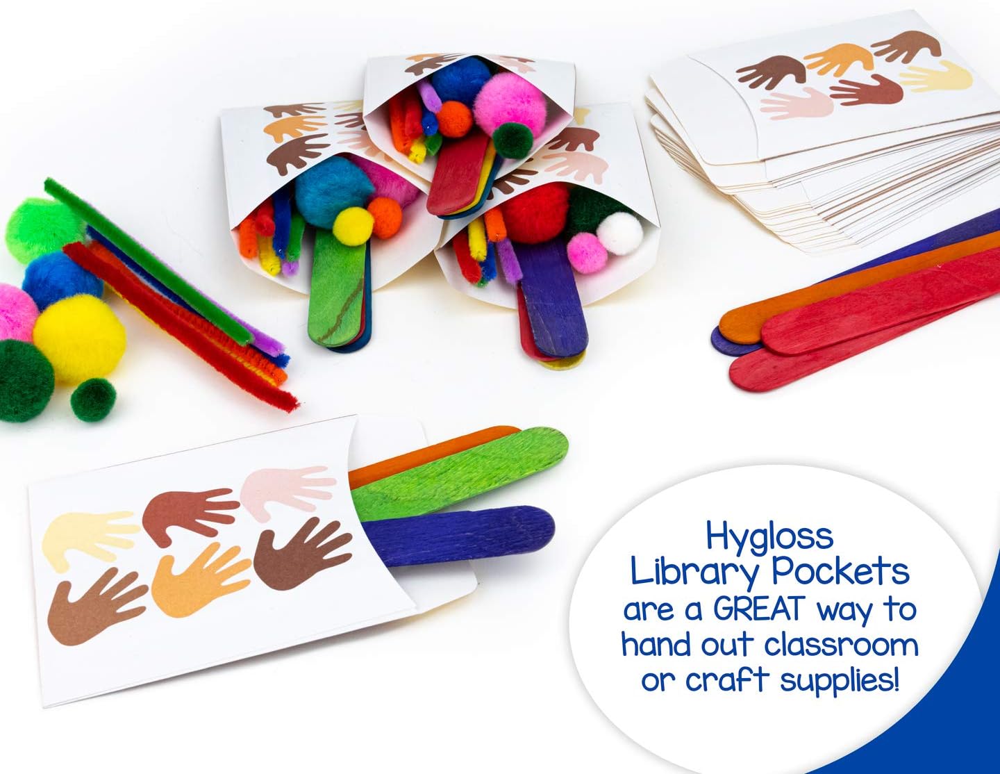 Hygloss Products Library Pockets - Multicultural Hands Picture Pocket Envelopes - Multi-Color - 3.5 x 4.625 Inches - 24 Pack
