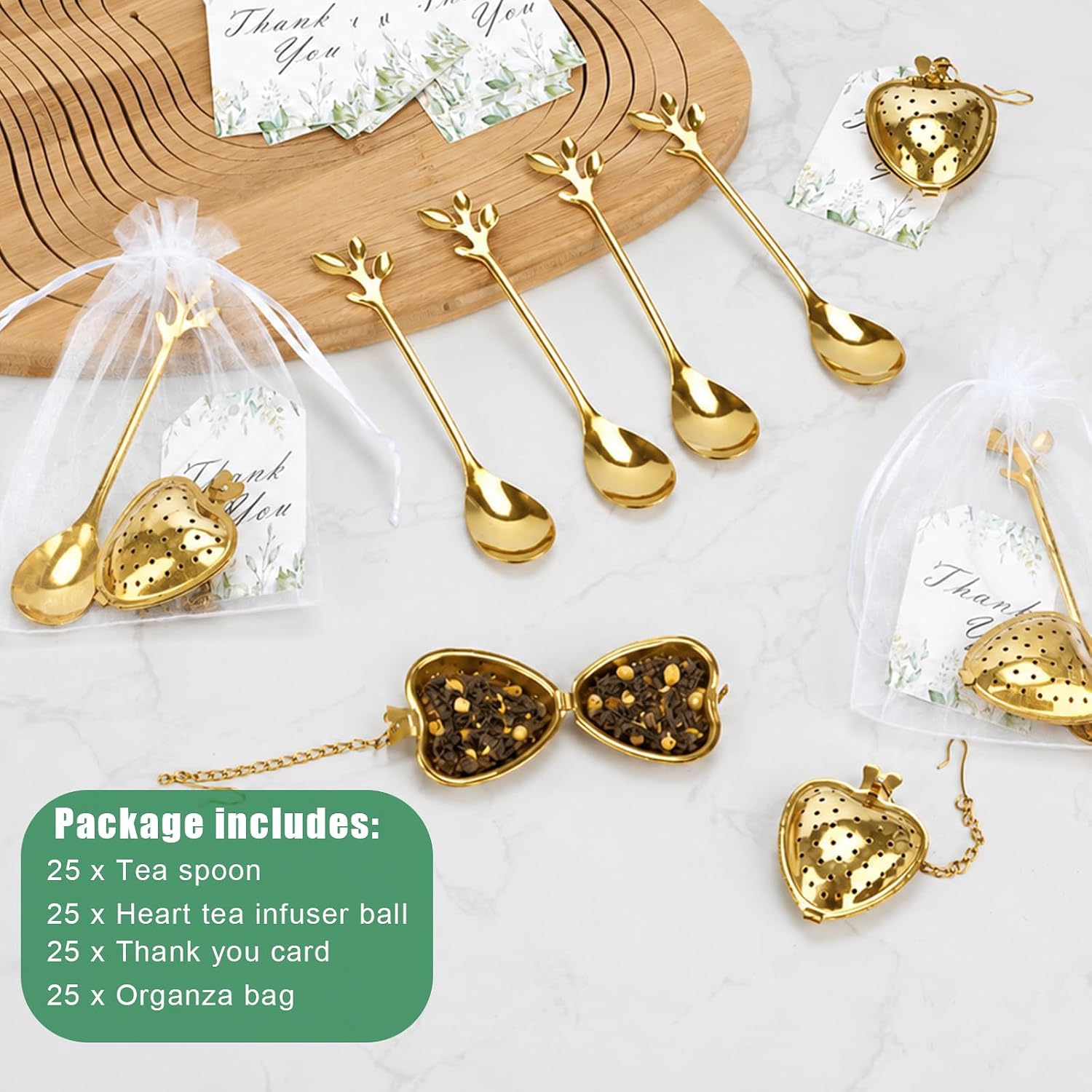 25 Sets Bridal Shower Tea Party Favor for Guest Leaf Tea Spoon Heart Shape Infuser Ball with Thank You Cards and Organza Bags