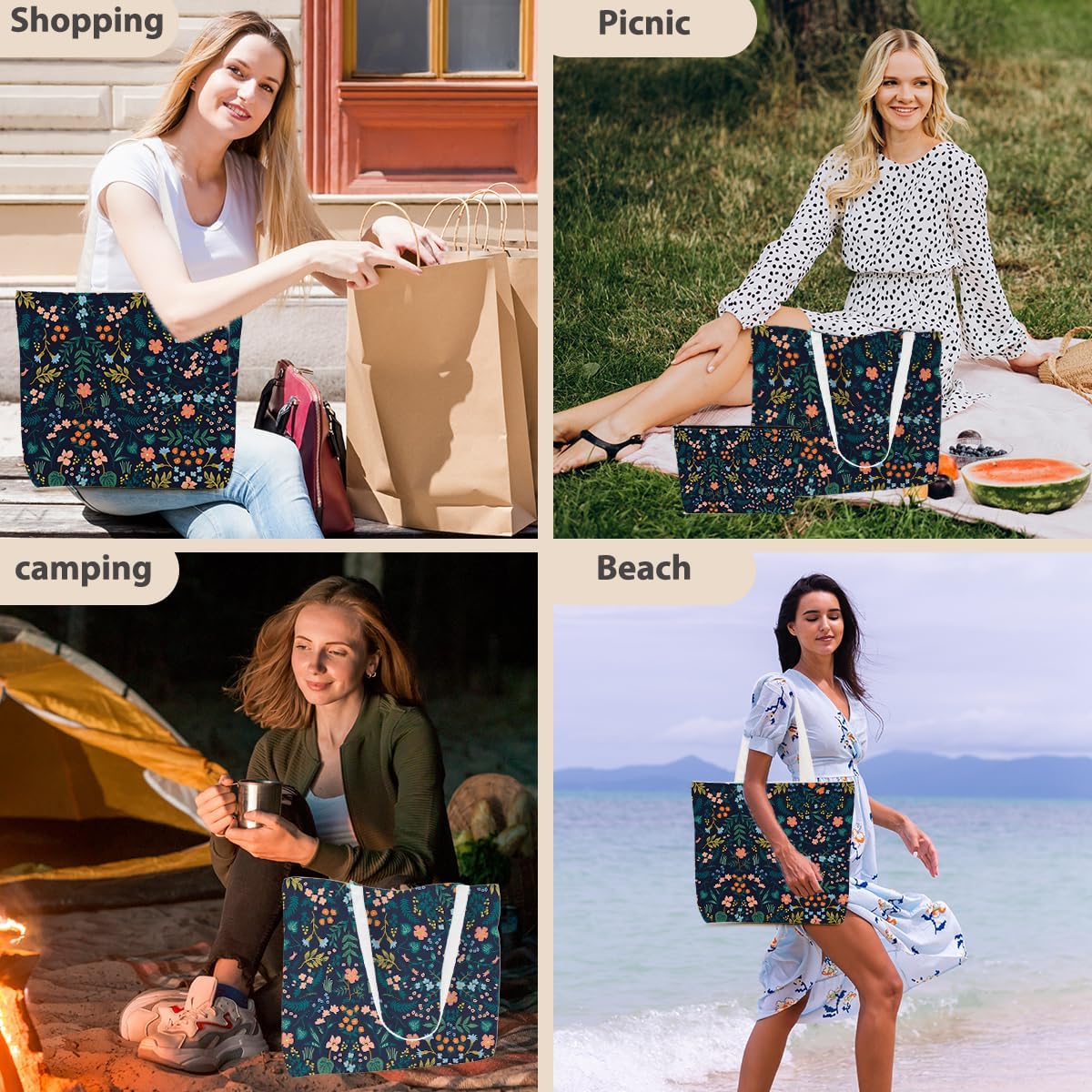 Aesthetic Floral Canvas Tote Bag Makeup Bag Set Flower Decor Gifts for Women Girls Sister Friend Nurse Vacation Travel Work Birthday Christmas Reusable Shopping Grocery Bags Travel Cosmetic Bags - Image 6