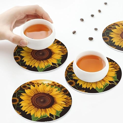 Miniatura 8 de Hermoso juego de 4 posavasos de cuero con estampado de girasol, impermeables, antiquemaduras, para sala de estar, mesa de café de 4 pulgadas