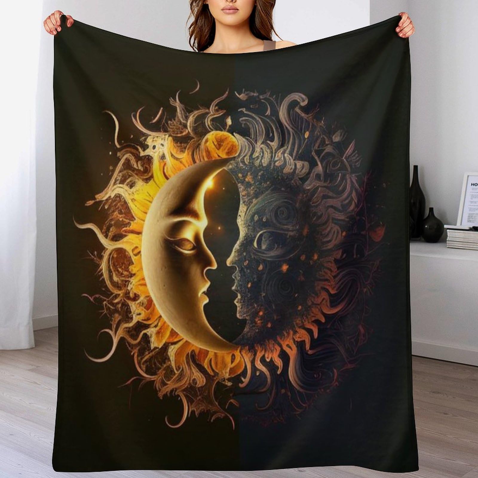 Couverture polaire douce et moelleuse grand plaid canape motif lune et soleil 130x150