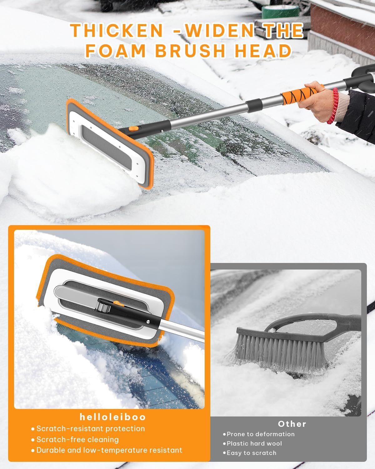 helloleiboo 39.8 Snow Brush for Car Extendable Snow Broom Detachable Ice Scrapers with 12-Inch 180° Pivoting Brush Head for Car Truck SUV (Orange)