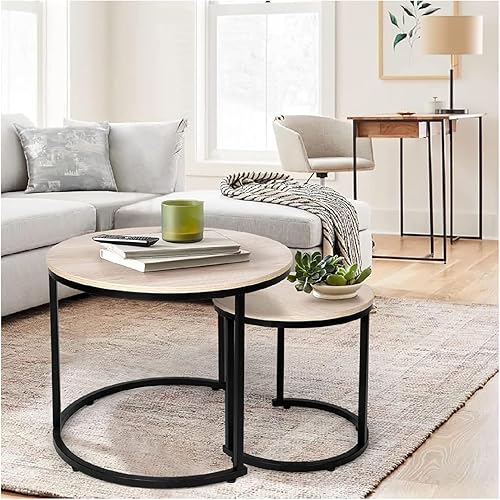 Miniatura 3 de Juego de 2 mesas de centro anidadas de muebles modernos, mesas laterales redondas de madera para sala de Estar, 23 y 15 pulgadas, 4 colores (Beidge)
