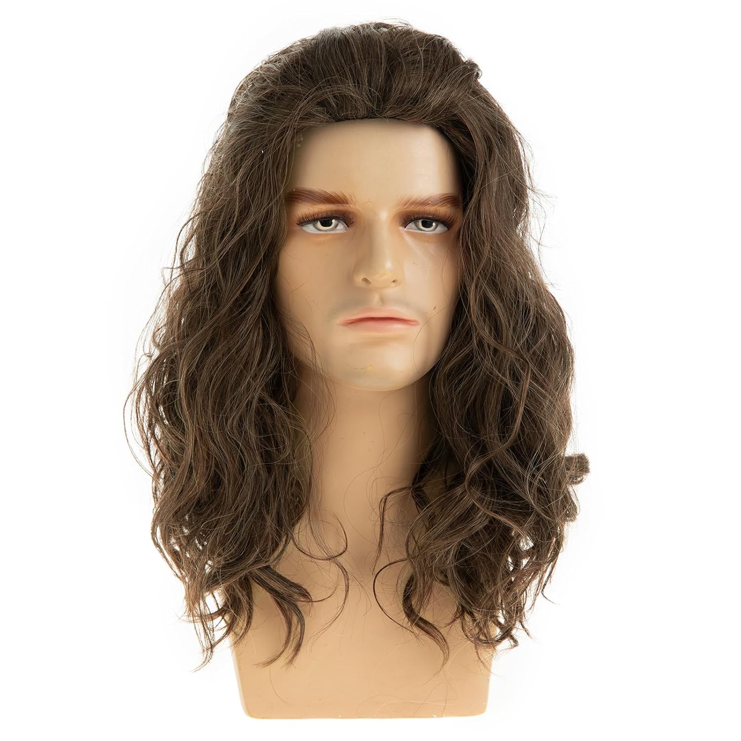 Mens Brown Wavy Wig Medium Length Synthetic Cosplay Party Replacement Hair Wig