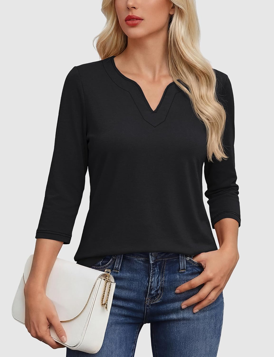 YUCOLEN 3/4 Length Sleeve Womens Tops Henley V Neck Dressy Casual Work T Shirts 2026 Trendy Blouses Cotton Tee - Image 2
