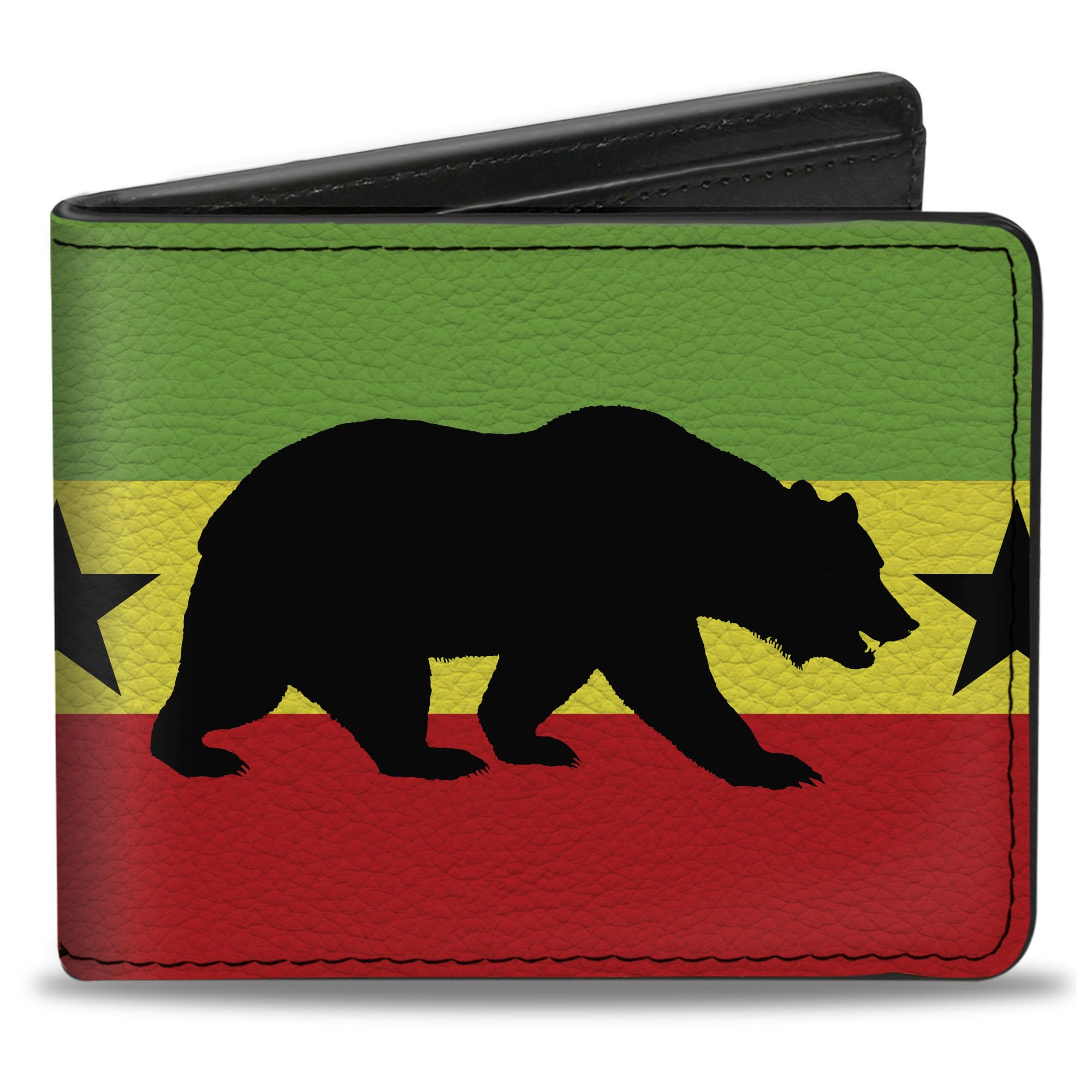 Buckle-Down Men's Wallet, Bifold, Cali Bear Star Silhouette Rasta Black, Vegan Leather, California, 4.0