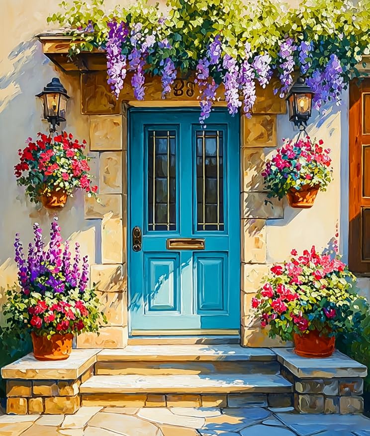 NZNANCHU DIY Flowers Paint by Number for Adults,Blue Door Painting Kits for Adult,Color by Numbers,Paint by Number Canvas Crafts Watercolor for Beginner Room Decor (The Blue Door with Wisteria)