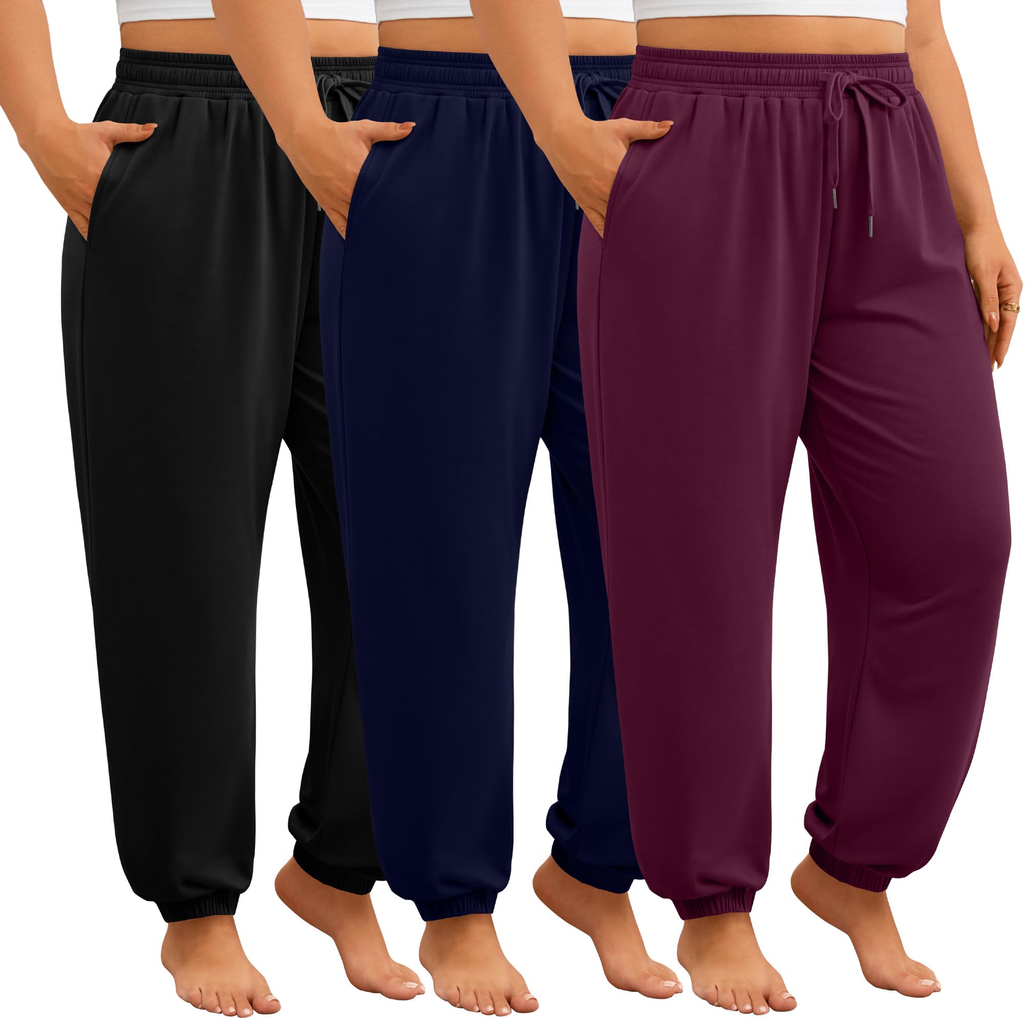3 Pack Womens Plus Size Joggers Drawstring Loose Fit Sweatpants Comfy Casual Lounge Pants with Pockets