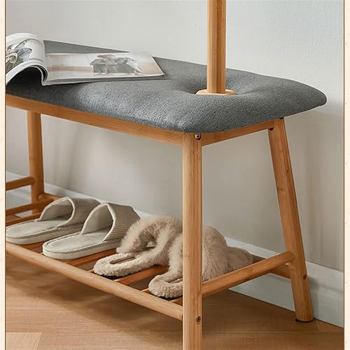 Miniatura 4 de Zapatero de entrada, 3 en 1, con perchero, zapatero y perchero con cojín acolchado, multifuncional, con estantes de malla, estante de almacenamiento