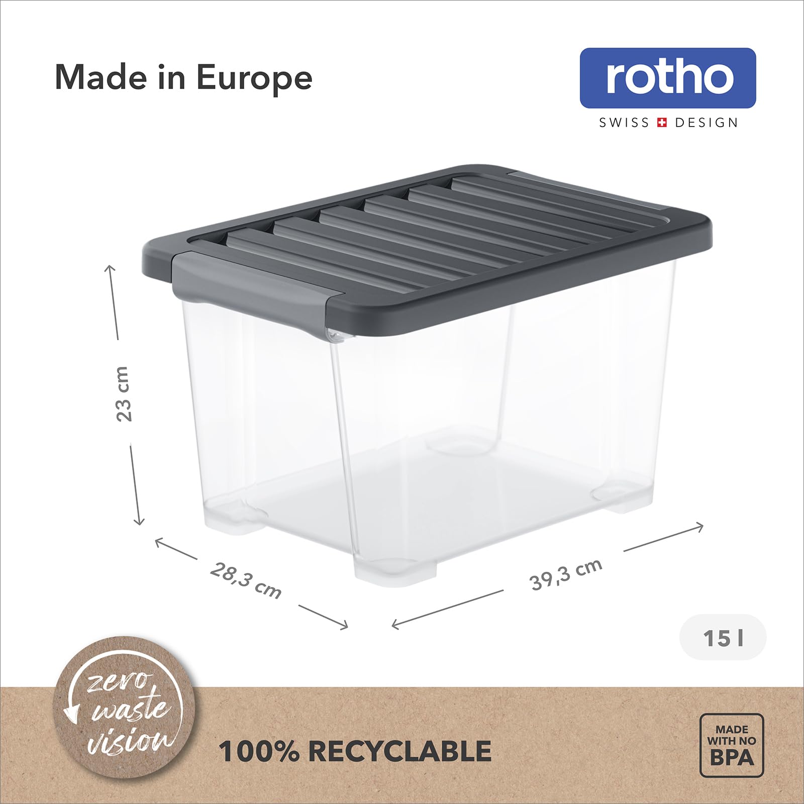 Rotho CORE Pro 4x Cajas de Almacenamiento Herméticas 15 l con Tapa | Contenedores apilables de 39,3x28,3x23 cm, cierre de seguridad con sello y código QR para gestión digital mediante App