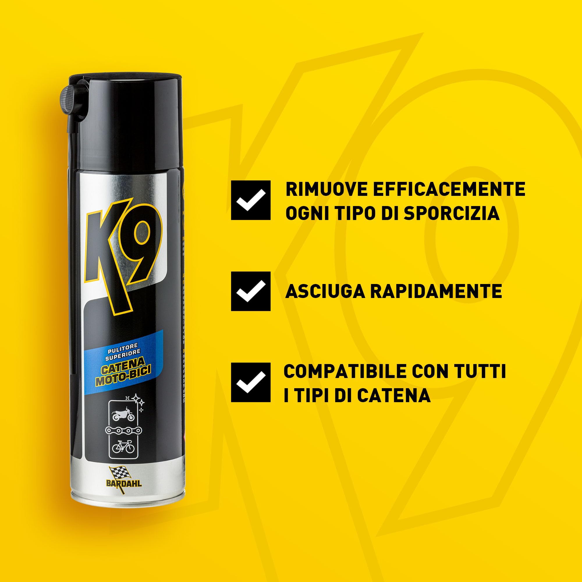Bardahl K9 - Pulitore Superiore Catena Moto-Bici, Rimuove Morchie, Grasso, Olio e Sporco, Detergente Spray per Catena e Forcellone Moto e Bici, con Formula Anti Usura, 500 ml