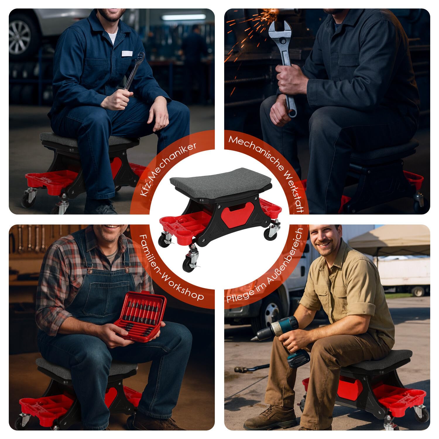 Werkstatthocker Rollhocker,Werkstatt Rollsitz 185kg Belastbar,Garagenhocker mit Aufbewahrungsbox,fixierbare Räder und Paletten, Mobil