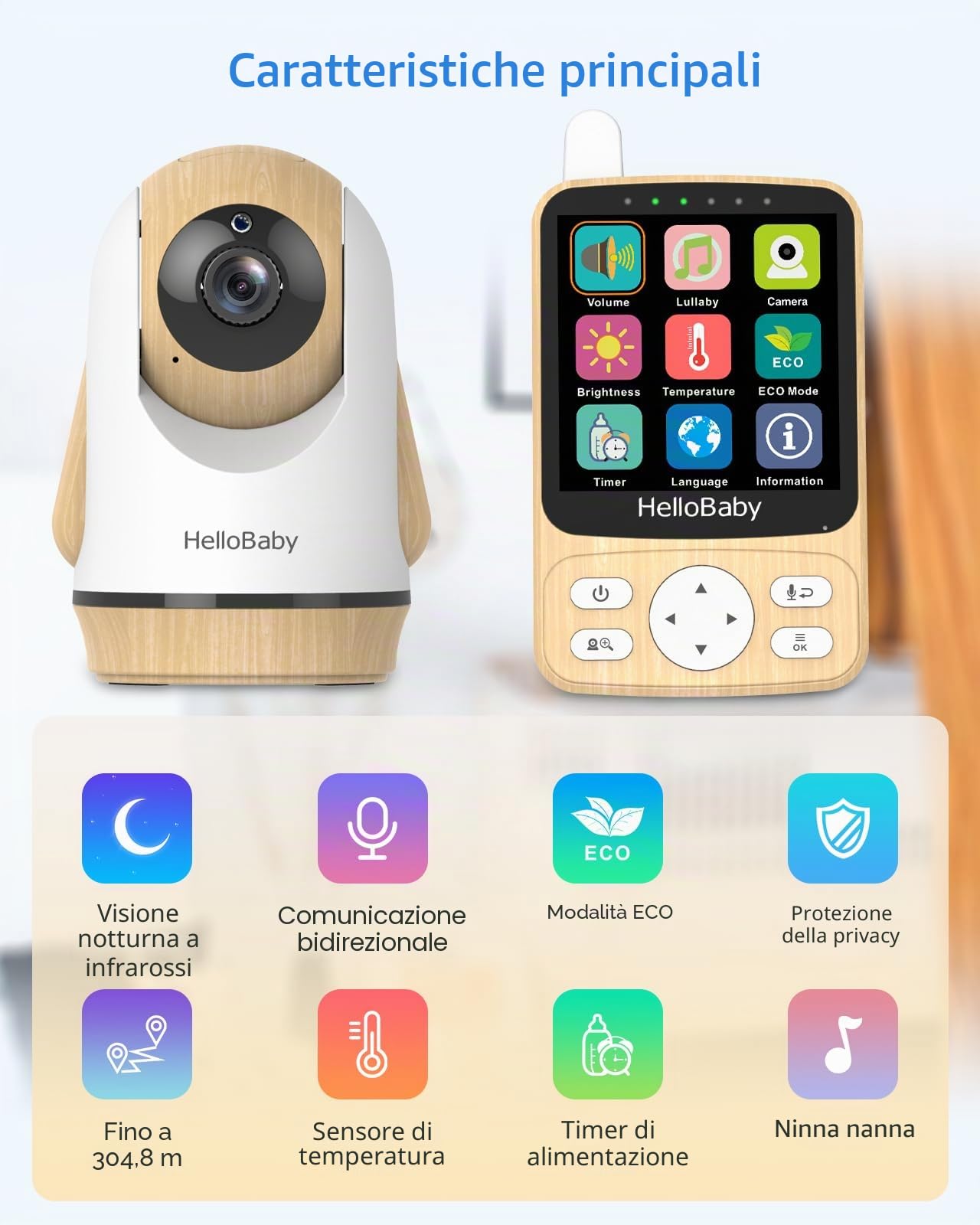 HelloBaby Babymonitor digitale con fotocamera senza WiFi, monitoraggio della temperatura e portata di 300 m, batteria da 26 ore, visione notturna a infrarossi, funzione vocale bidirezionale e modalità