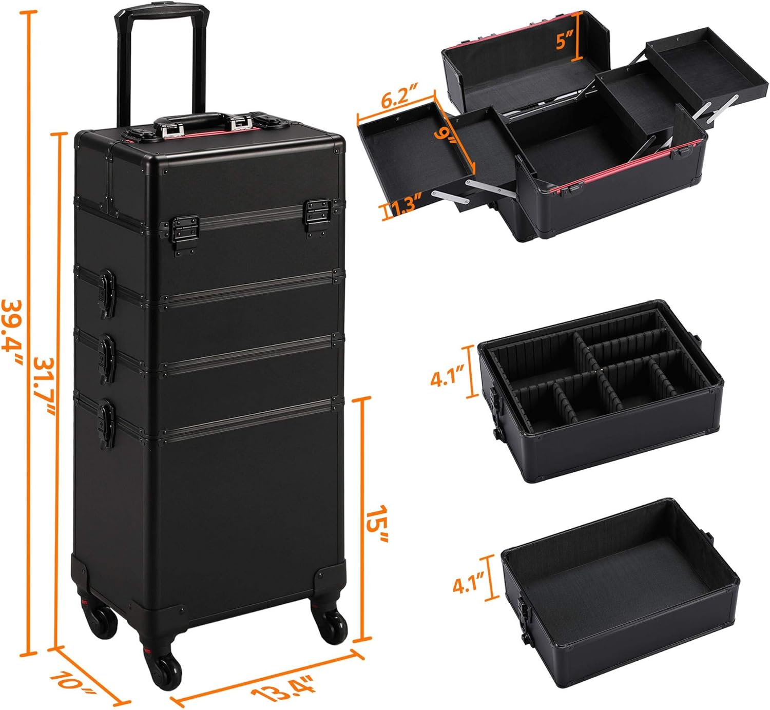 go2buy 4 in 1 Pro Aluminum Rolling Makeup Case Salon Cosmetic Box Organizer Trolley Train Case Black