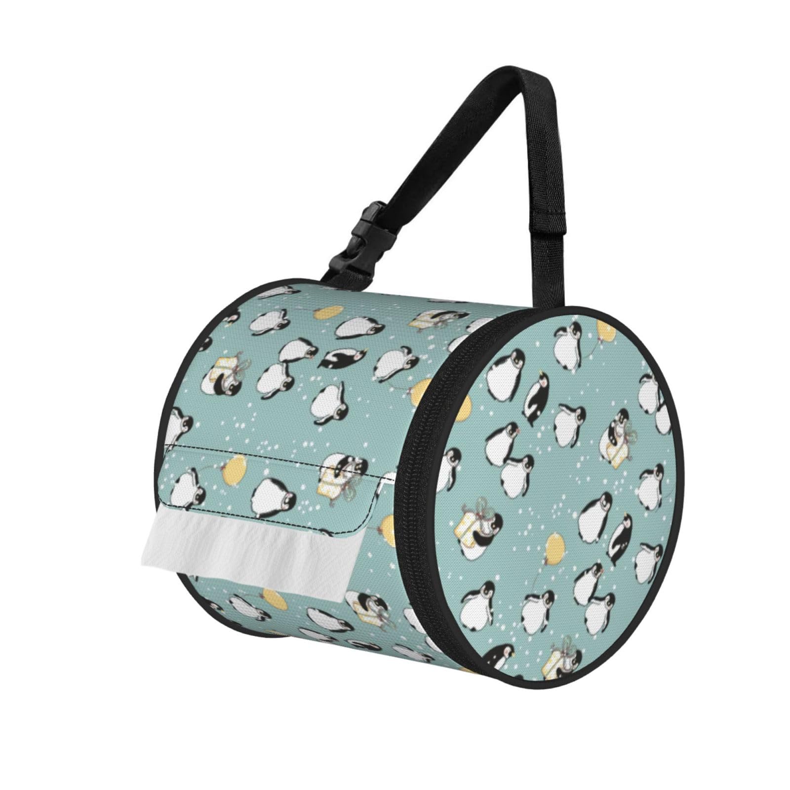 Penguin Balloon Snowflake Printed Hanging Tissue Organizer, Smooth Zipper Oxford Cloth Roll Holder for RV Bathroom Desk