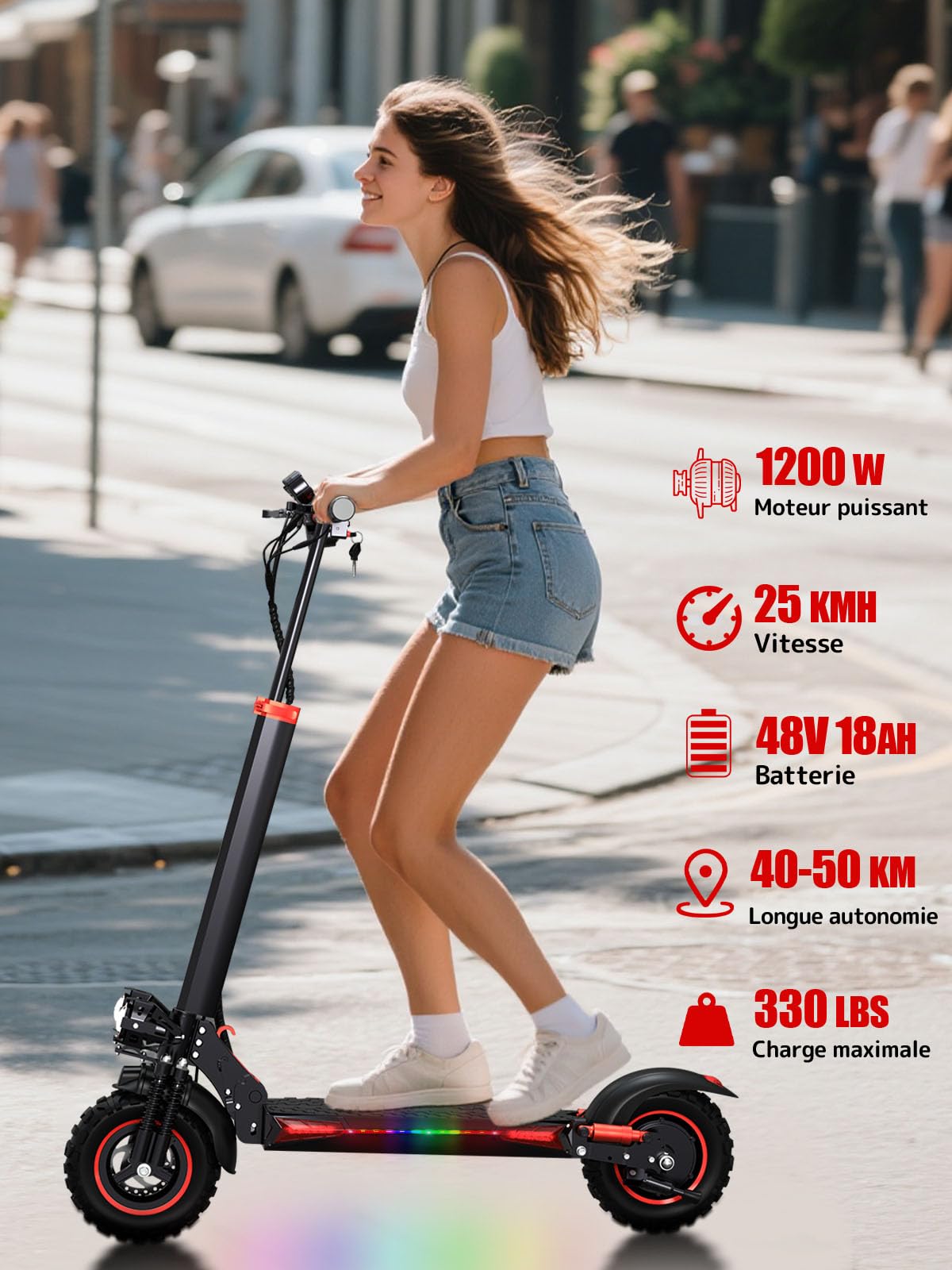 Trottinette Électrique Adulte 1200W Moteur, Autonomie 45-55KM Batterie 48V 18Ah Trotinette Electrique Pliante Portable, Roues 11" Tout Terrain Double Suspension Frein à Disque Double Escooter