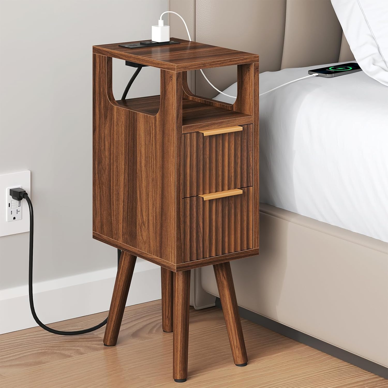 ELYKEN 7.9" Small Narrow Side Table with Charging Station, 24.4" H Skinny Fluted Nightstand with 2 Drawers, Solid Wood Feet, Open Storage, Slim End Table for Small Spaces, Bedroom, Walnut