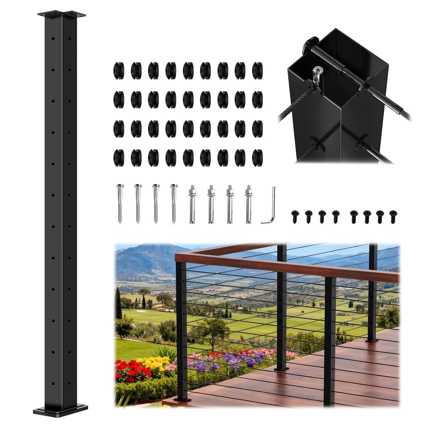 42" T304 Stainless Steel T-Drilled Corner Post Cable Railing Black(Post 41"x2"x2"), 3-Sides Flat Top One-Post Corner Solution, 90° Drilled Post with Cable Grommets for Corner Railing System 42" T-Corner Post-1P 1