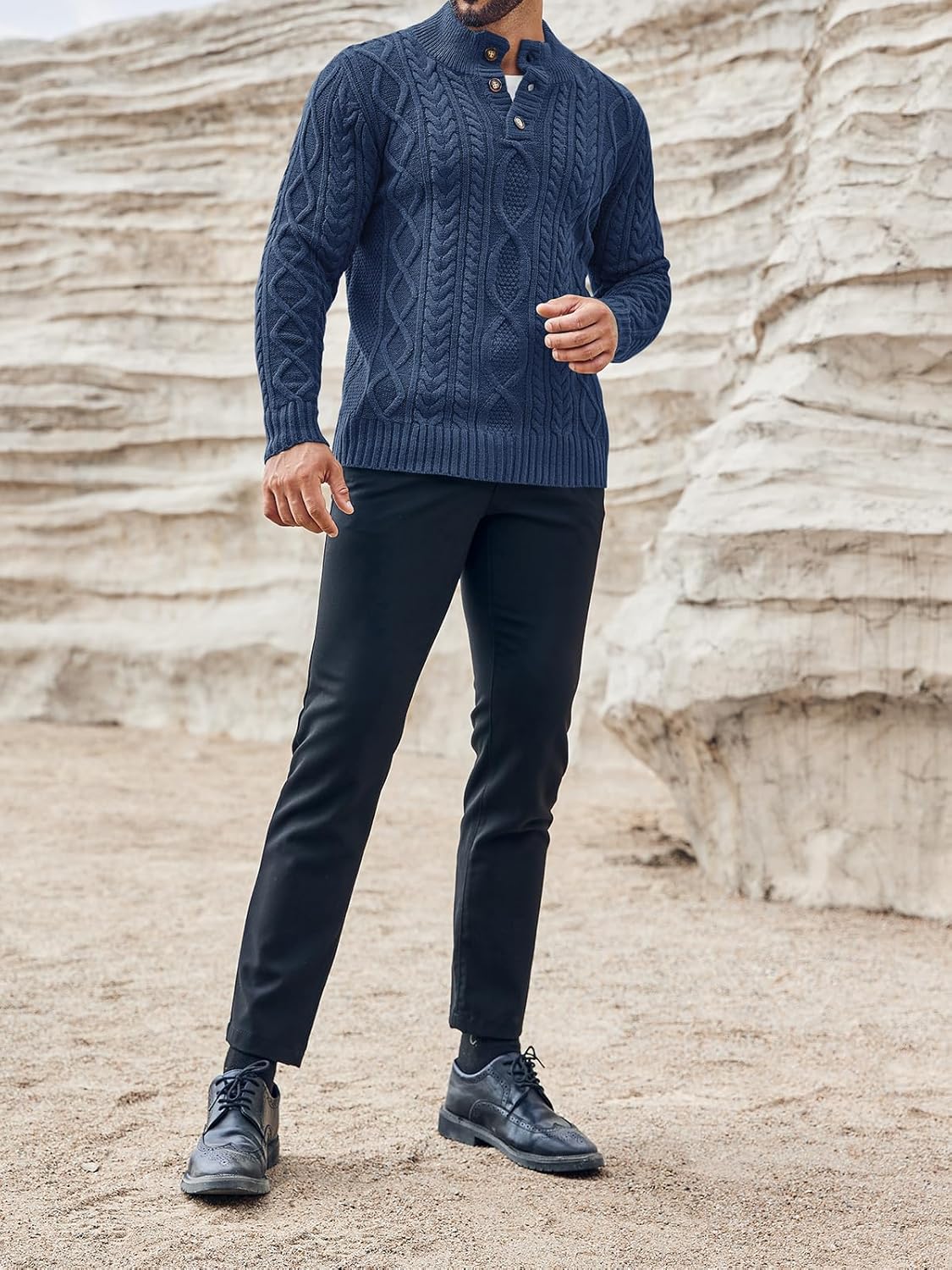 Gafeng Mens Mock Neck Pullover Sweater Casual Slim Fit Cable Knit Button Up Thermal Lightweight Winter Sweaters Knitwear - Image 4