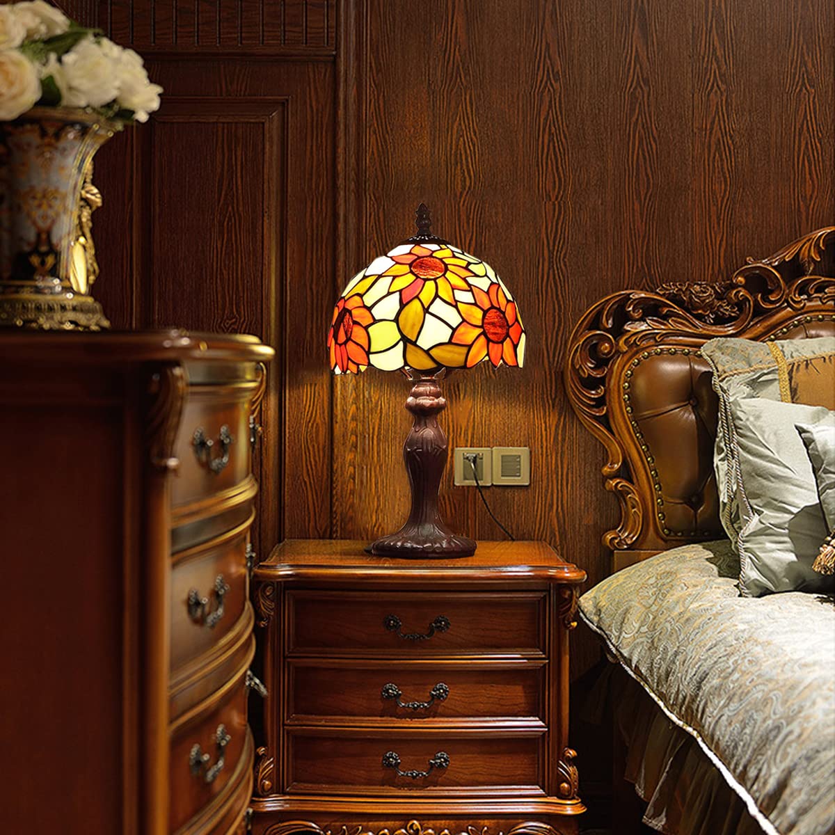 Lámpara de sobremesa de Estilo Europeo Tiffany con Flor de Sol y vitrales, Uso de Base de Resina, lámpara de Mesa Retro, Dormitorio de la Sala de Estar de la Novia Junto a la Cama