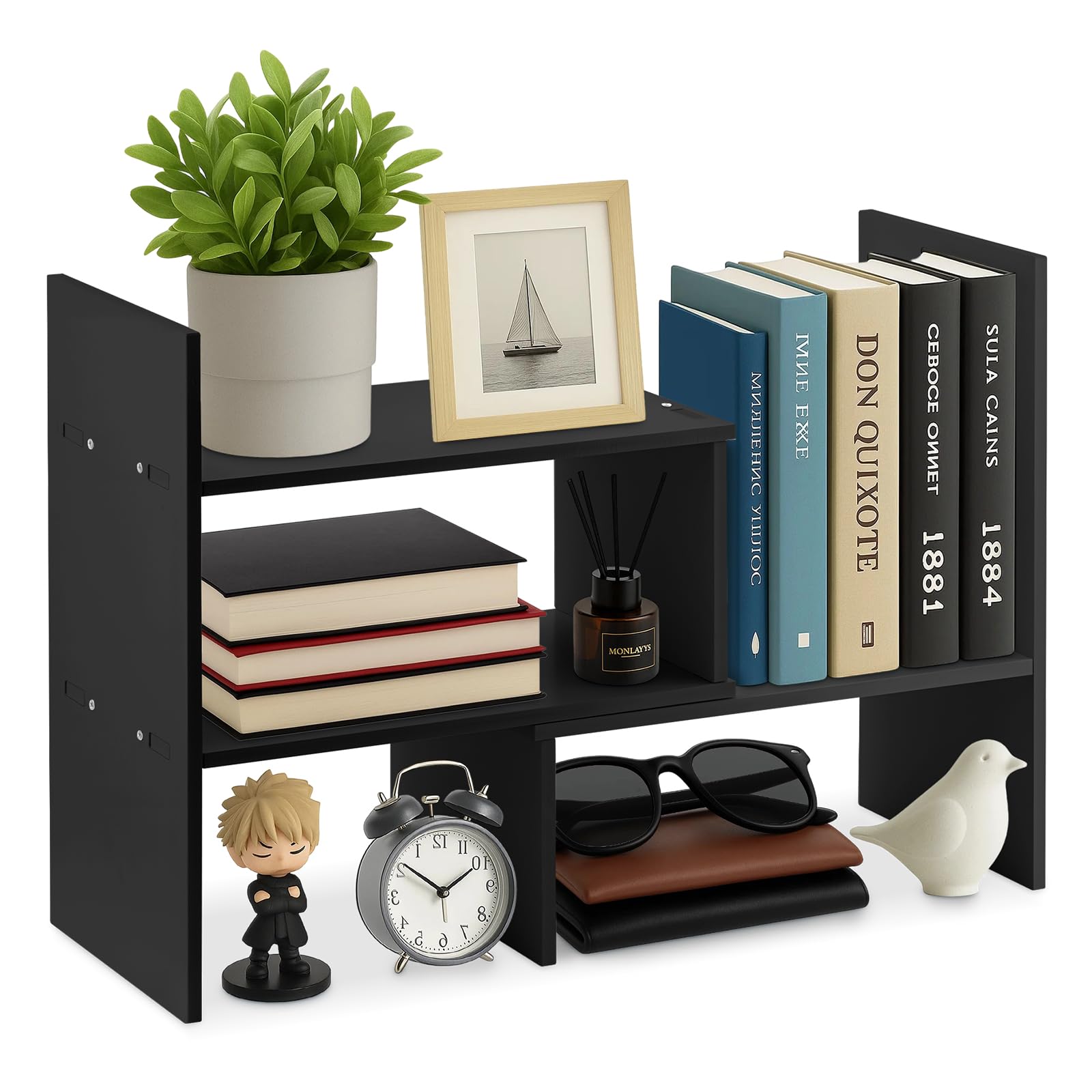 GREENSAPPIRE Wooden Expandable Bookcase Desktop Organizer, Office Storage Shelf for Home or Office (Black)