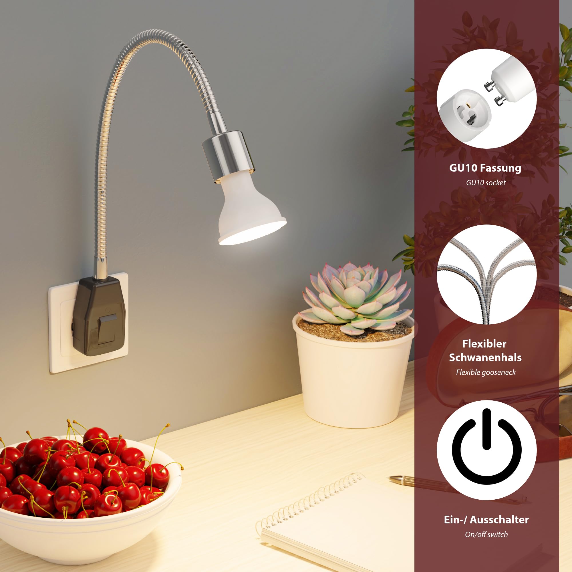 ledscom.de 2 pz. attacco LESCH lampada da lettura a collo d'oca, cromo/nero, incl. GU10 LED (bianco caldo, 7,6W, 1103lm, 33°)