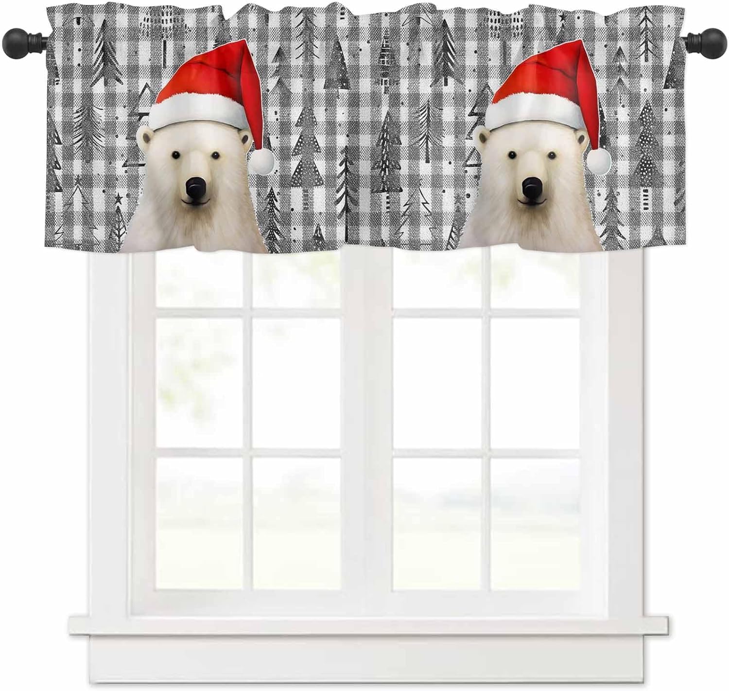 Curtain Valance 60" x 18", Merry Christmas Bear Window Valances Rod Pocket Curtains Drapes, Christmas Snowflake Buffalo Plaid Short Topper Curtain for Kitchen Cafe Living Room, 1 Panel