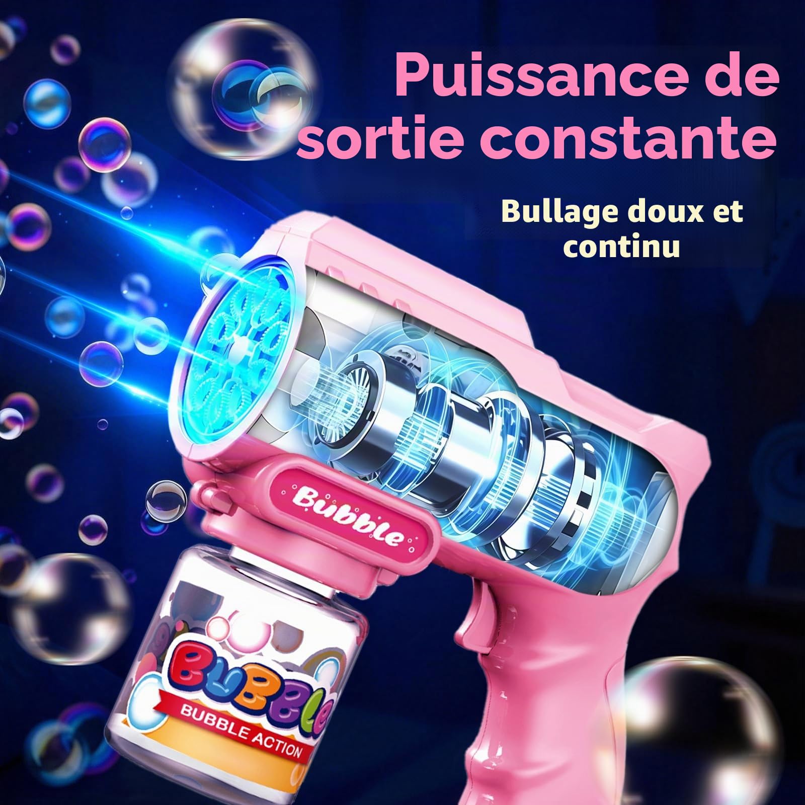 Tecnock Lot de 2 Pistolets à Bulles Automatiques pour Enfants avec Lumières LED et 10 Buses, 8 Piles AA Incluses, 3 Flacons de Solution et 10 Recharges, Légers et Anti-Fuite