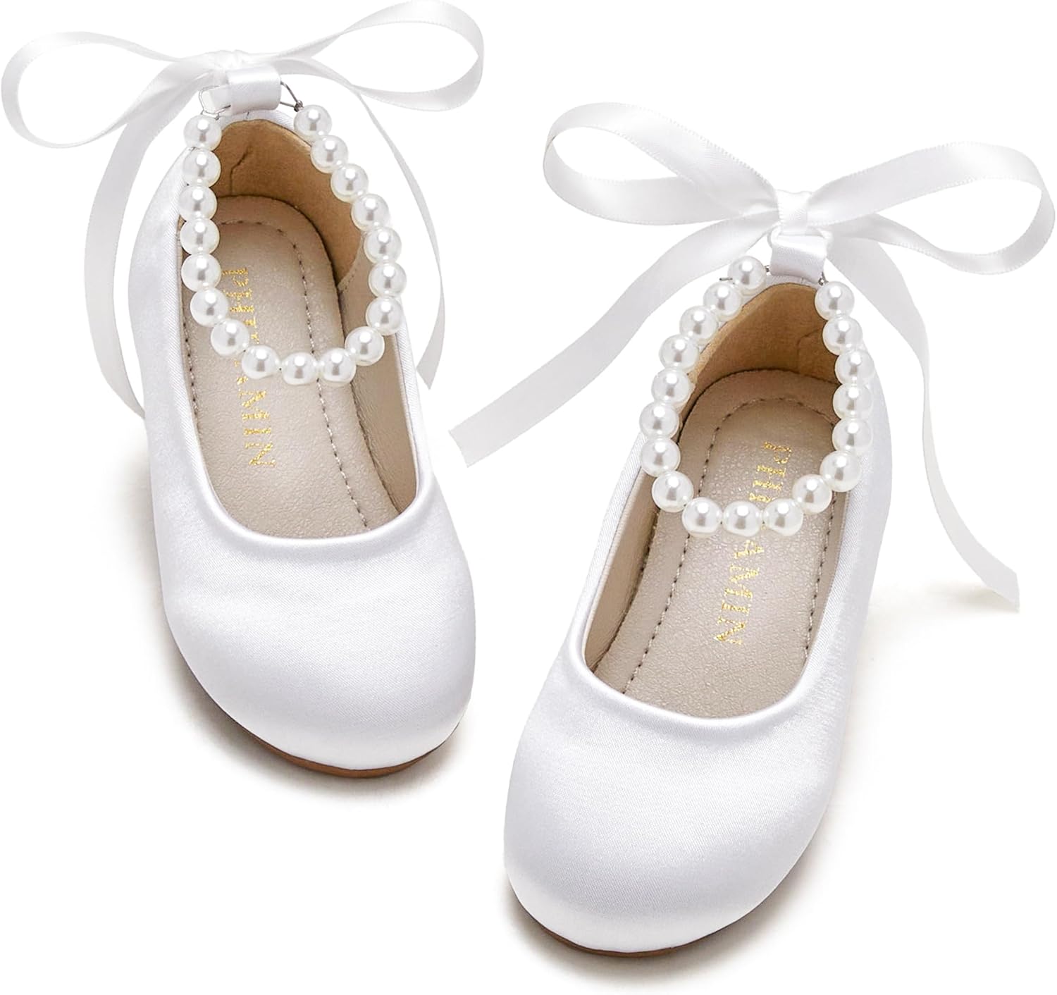 Toddler Flower Girl Dress Shoes – Little Girl Ballet Flats Pearl Strap for Wedding Party