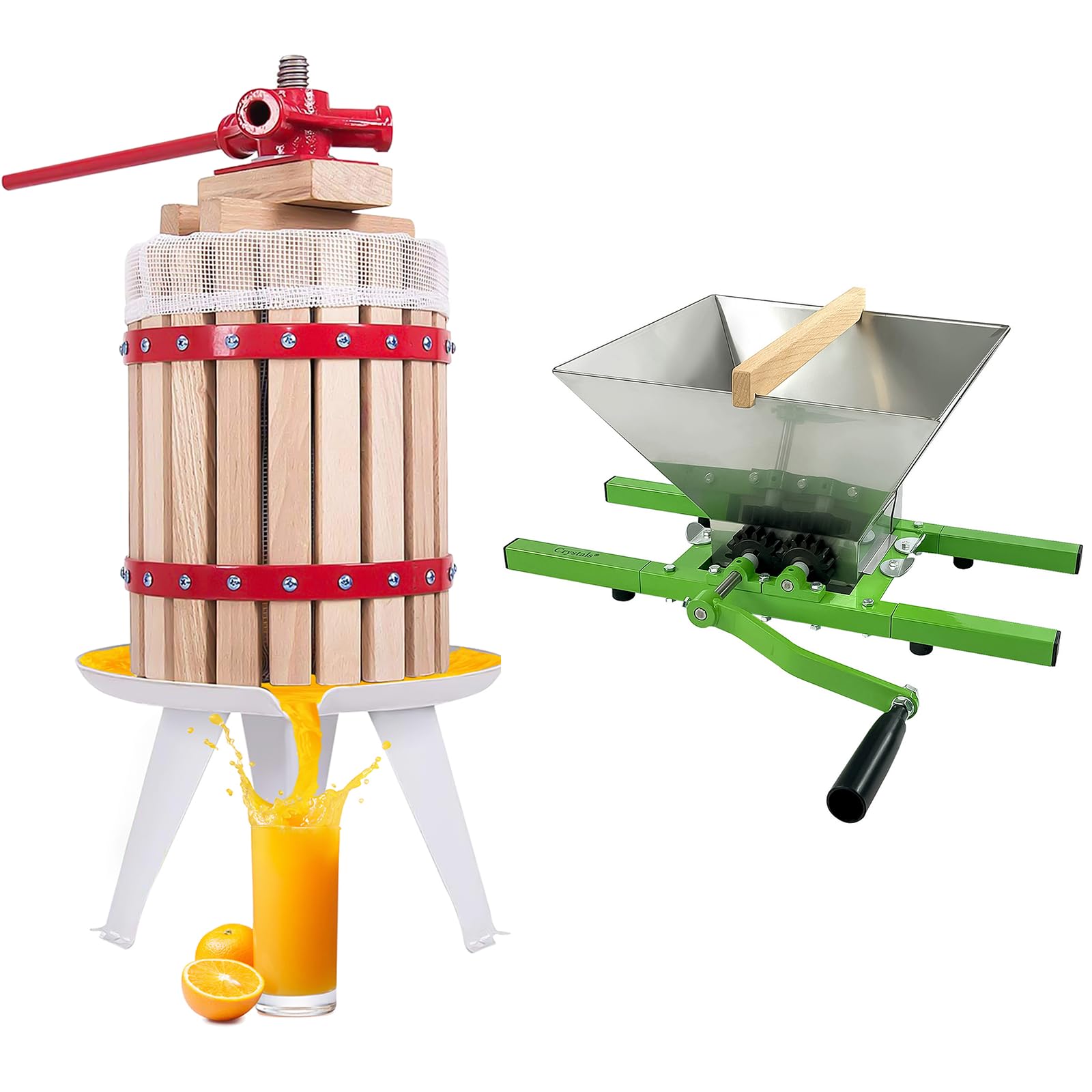 Crystals 6L/12L/18L Fruit Press with Straining Bag & 3 Steel Legs, Manual Juice Making Tool Cider Apple Grape Berries Wine Crusher (12L with 7L Fruit Crusher)