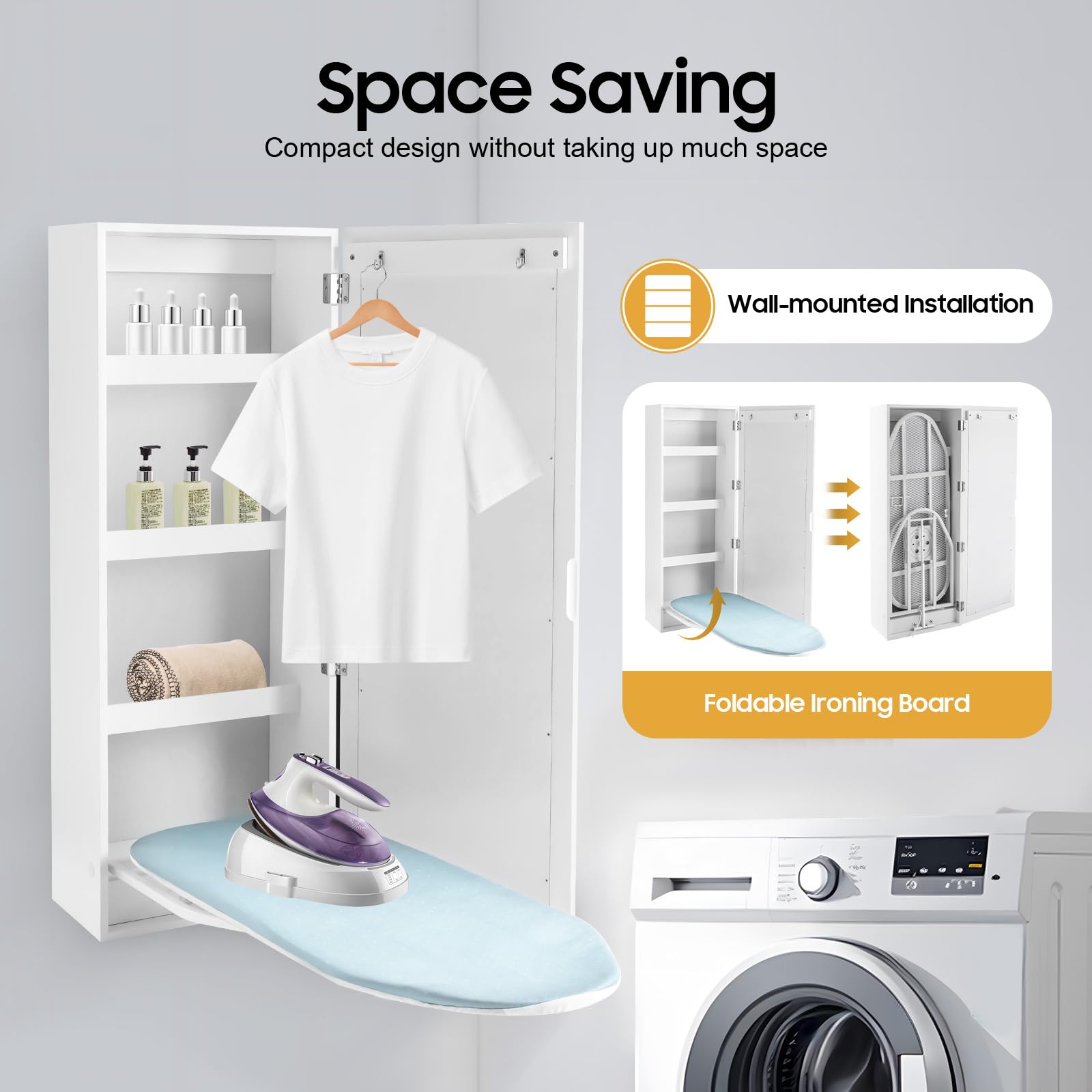 180° Swivel Wall Mount Ironing Board Cabinet, Built in Rotatable Ironing Board with Storage, Mirrors, Space-Saving, for Sewing Room, Bedroom, Home, Apartment, White