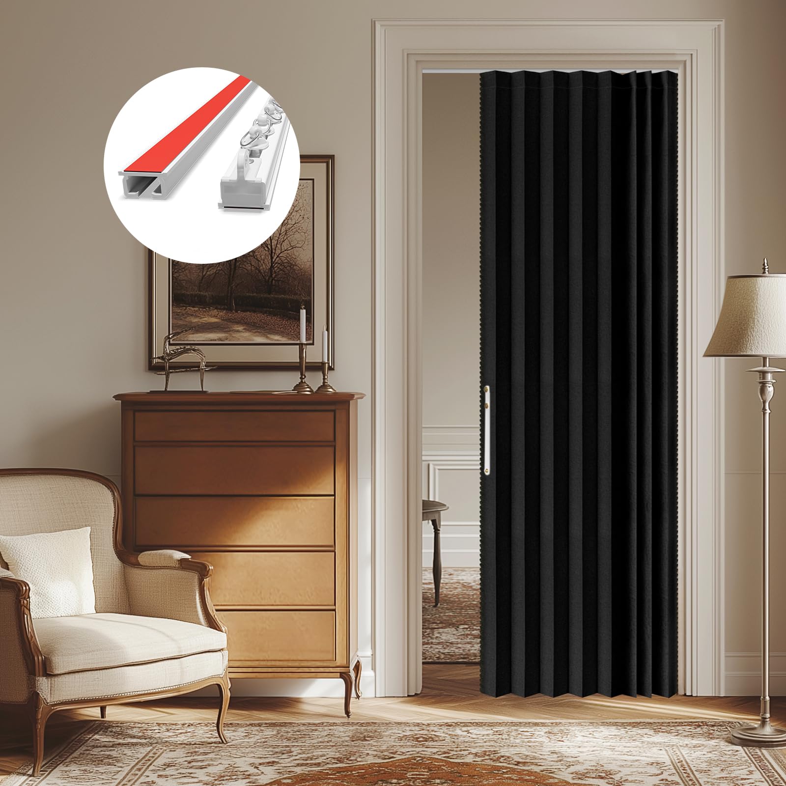 AJAZZ 100% Blackout Accordion Doors for Doorway, Magnetic Door Curtain for Bedroom Living Room Doorway, 43W x 79 L, Black Curtains Sets Included Tracks (1Panel)