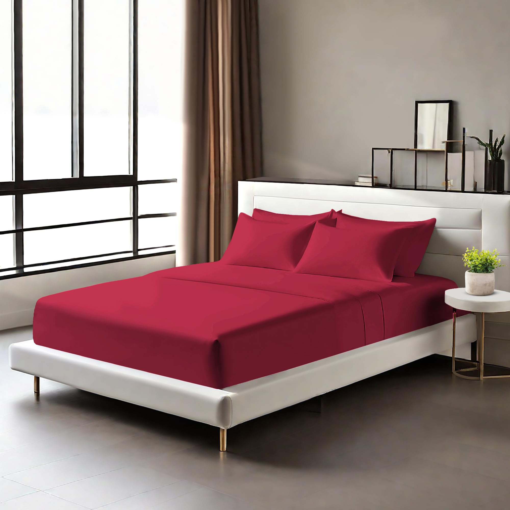 Egyptian Cotton Fitted Sheets 25cm Deep Mattress Pocket 200 Thread Count Fitted Bed Sheet- Soft & Comfortable Bottom Sheet (Burgundy