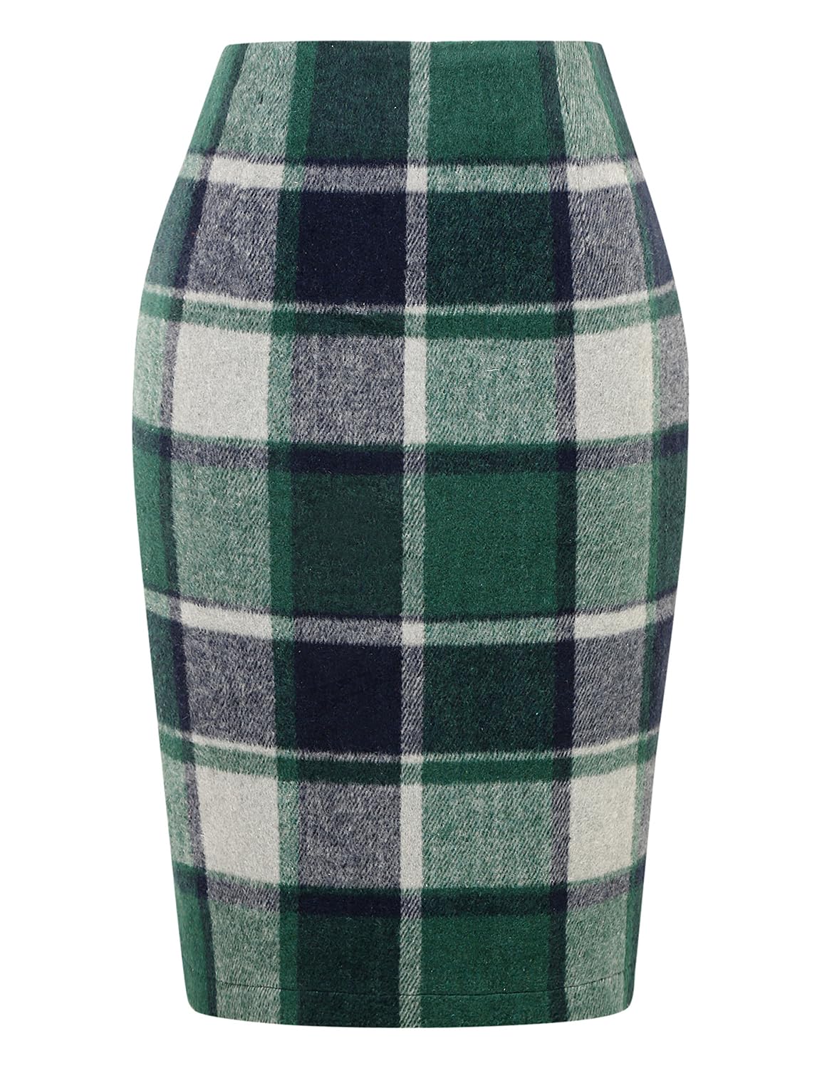 IDEALSANXUN Midi Plaid Skirts for Women 2023 Fall Winter Knee Length Pencil Wool Skirt with Slit, Green 02, L