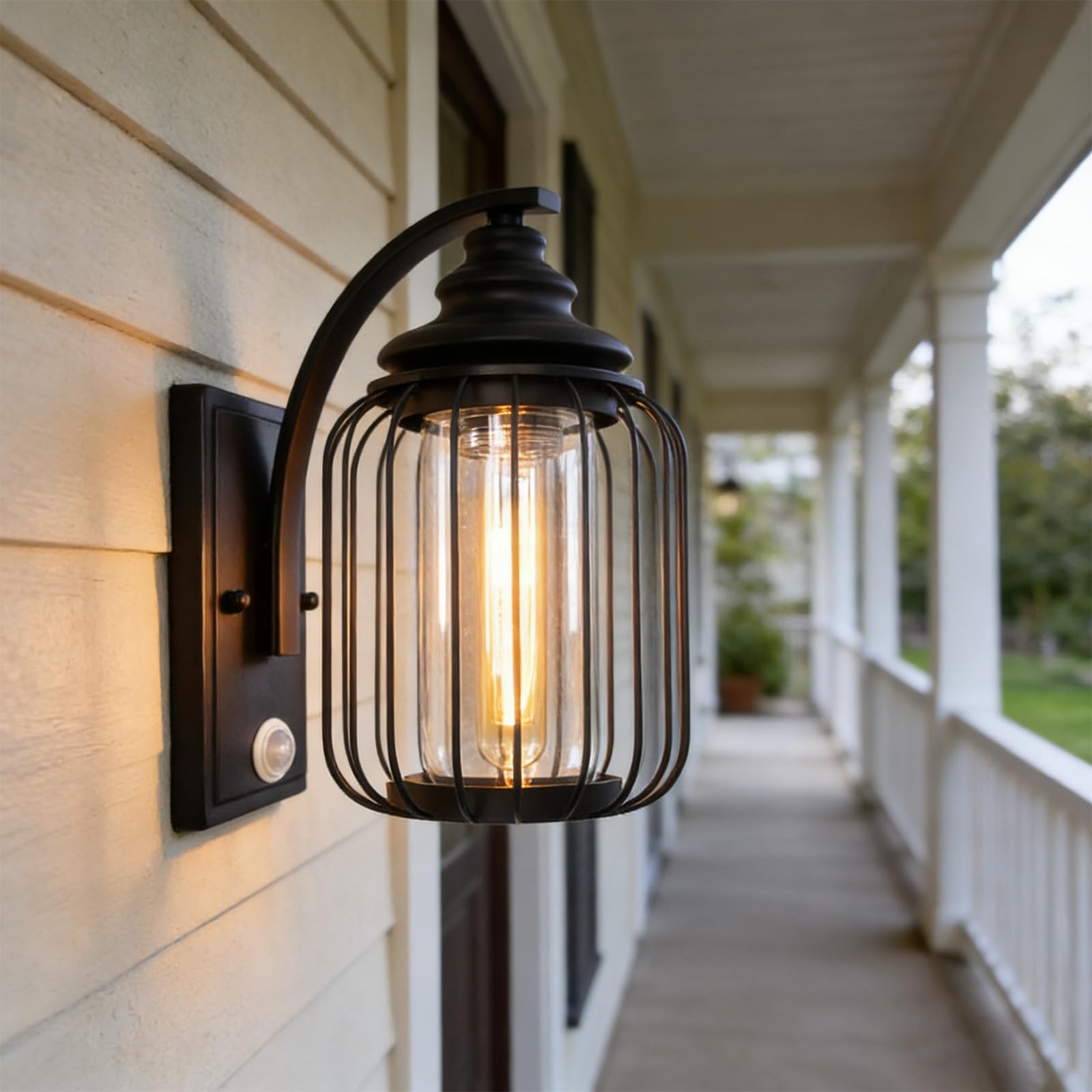 E27 Zewnętrzna lampa ścienna z czujnikiem ruchu IP65 wodoodporna oprawa ścienna czarna metalowa klatka i klosz szkło retro oświetlenie ścienne do willi na taras ogrodowy (czarny, 1 sztuka)