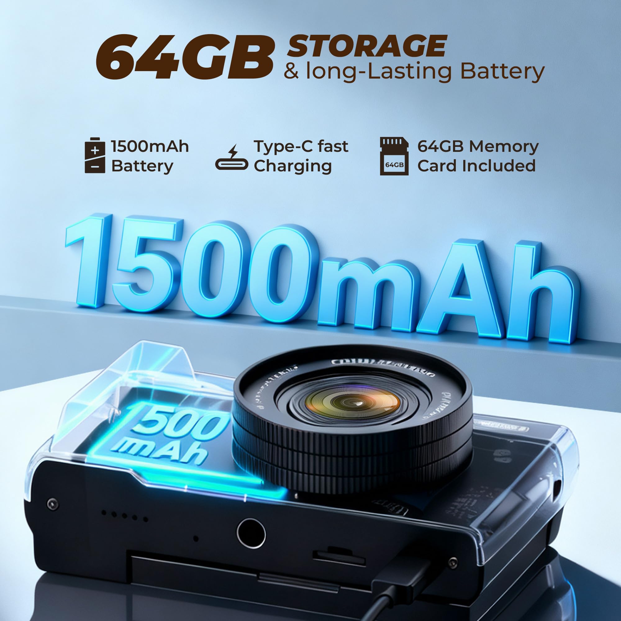 Cámara digital 4K, cámaras de 64 MP para fotografía con zoom digital de 16X, cámara de vlogging de enfoque automático para YouTube, cámara de viaje compacta con pantalla abatible de 180° de 3 pulgadas
