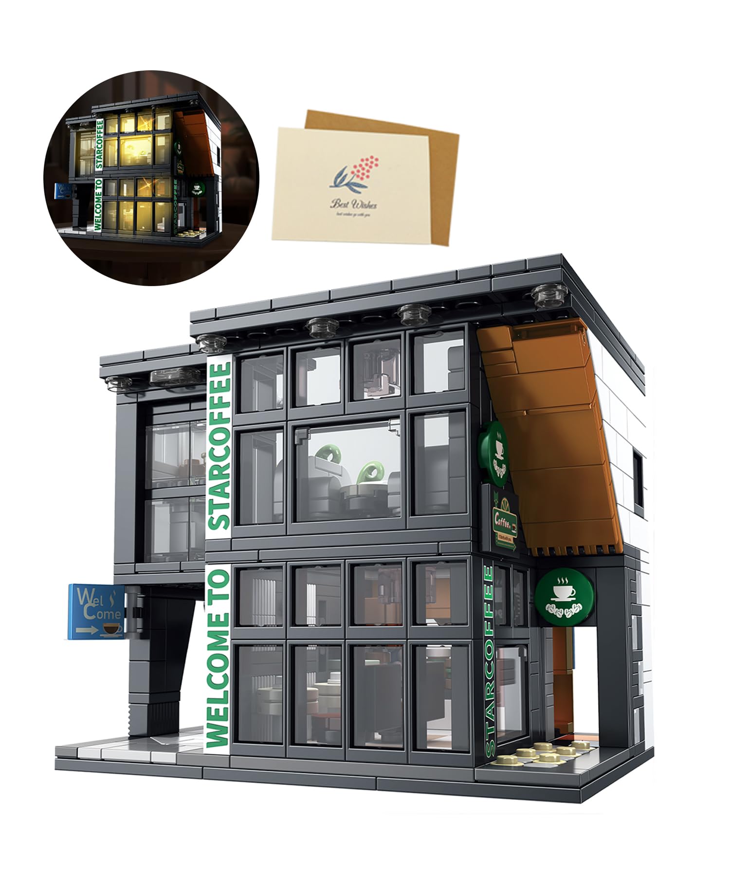 Coffee House Architecture Building Blocks Toys with 2 LED Light Blocks,City Street View Modern Cafe Shop Construction Building Toy, Christmas Birthday Gift for Kiddo and Adult(582 PCS)