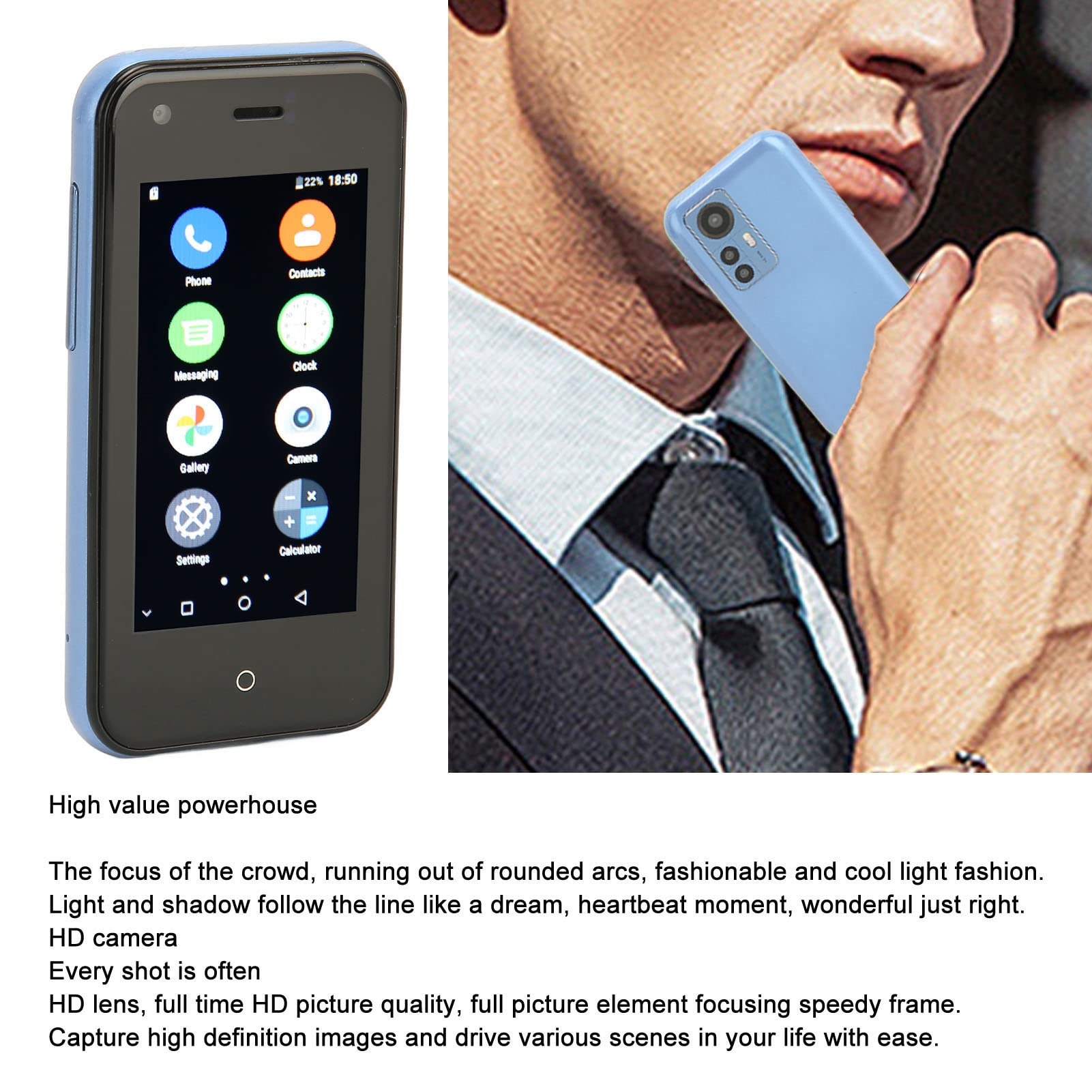 Mini Smartfon D18 3G, 2,5 Cala 1 GB RAM 8 GB ROM Czterordzeniowy Telefon Komórkowy, Przednia Kamera 0,3 MP i Tylna Kamera 2 MP, Bateria 1580 MAh, Telefon Komórkowy Dual SIM Wifi dla Dzieci (Jasnoniebieski Szary)