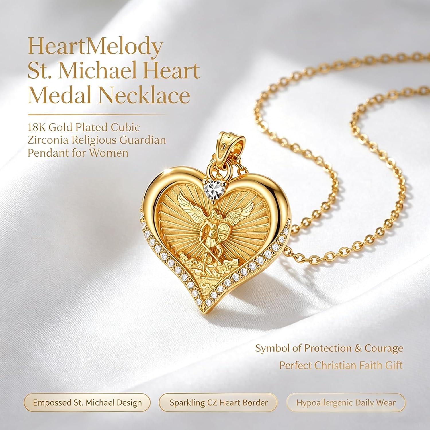 HeartMelody St Michael Necklace Birthday Gifts For Women Mom,18K Gold plated Plated Sant Michael Medal Heart Pendant Necklaces Catholic Jewelry Anniversary Present for Wife, Her