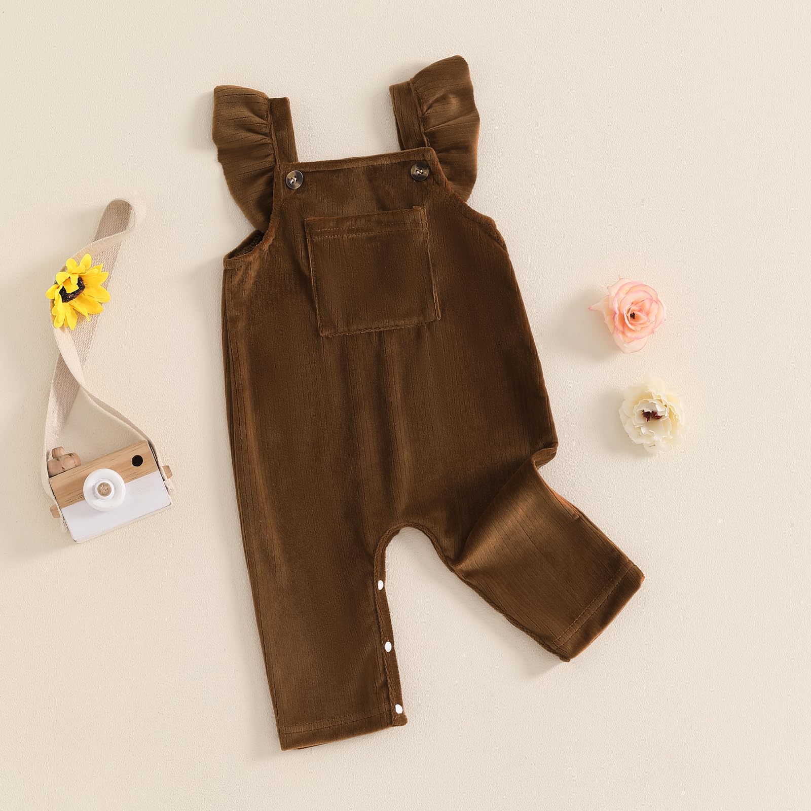 Toddler Baby Girl Corduroy Overalls Fall Outfit Ruffle Trim Square Neck Suspenders Pants Jumpsuit with Front Pocket (Brown, 6-12 Months)