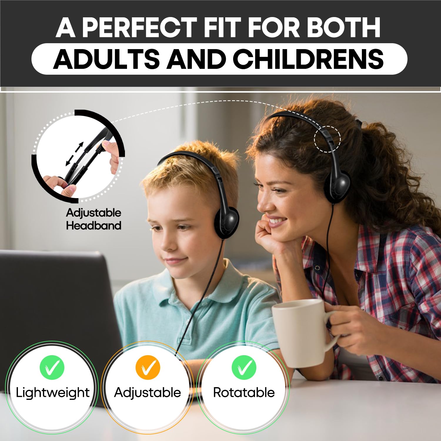 Lot de 25 écouteurs filaires durables pour enfants, tout-petits, garçons, filles, adolescents et adultes (HTC002, noir)