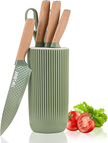 Miniatura 10 de Juego de cuchillos de cocina, Retrosohoo juego de 6 piezas de bloque de cuchillos de color caqui afilados para la cocina, cuchillos de chef de acero