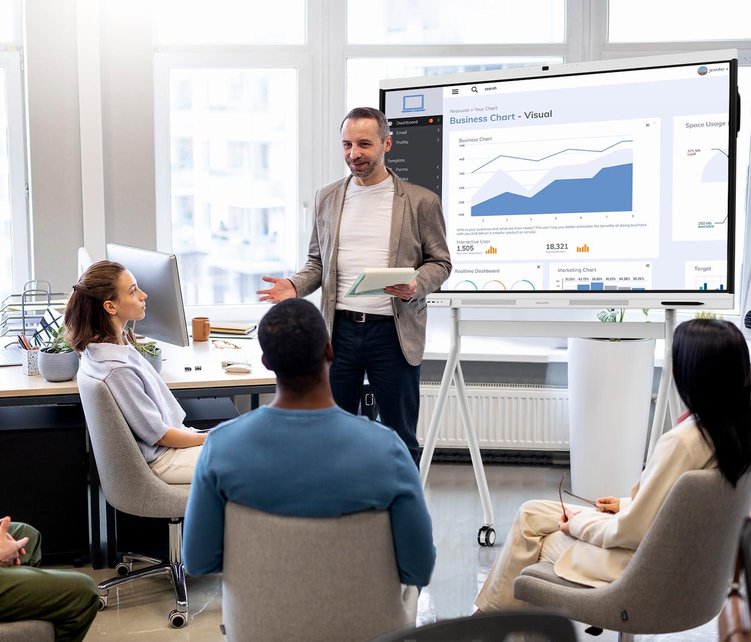 Mobiler Wagen für 75 Zoll Smart Board, tragbarer Ständer für interaktives NewBoard Whiteboard, vier feststellbare Räder, schlankes Design für das moderne Büro oder Klassenzimmer
